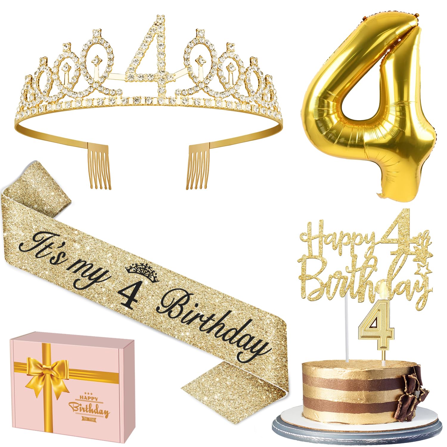 4th Birthday Decorations for Girl with 4th Birthday Sash and Crown, Candle and Cake Topper, Number Balloon, 4 Year Old Girl Gift