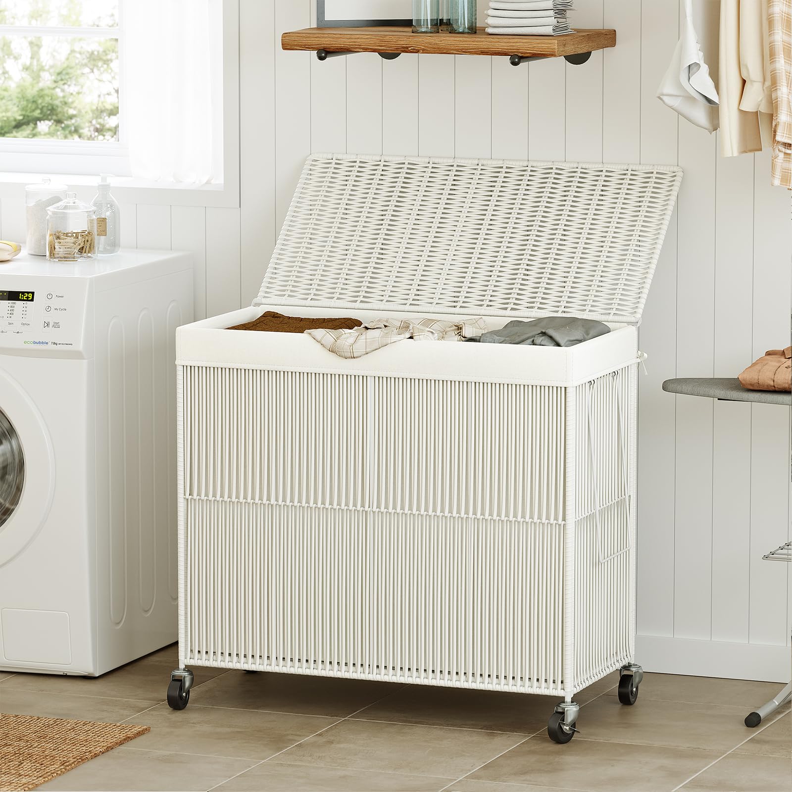 Wowlive Laundry Hamper With Wheels, 160L Handwoven Rolling Laundry Basket 3 Section With Lid, Clothes Hamper With 3 Removable Li