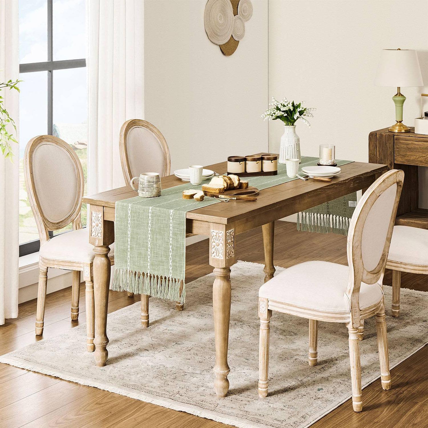 Zeemart Farmhouse Table Runner, Rustic Table Runners 36 Inches Long, Linen Boho Table Runner, Braided Striped Green Table Runner