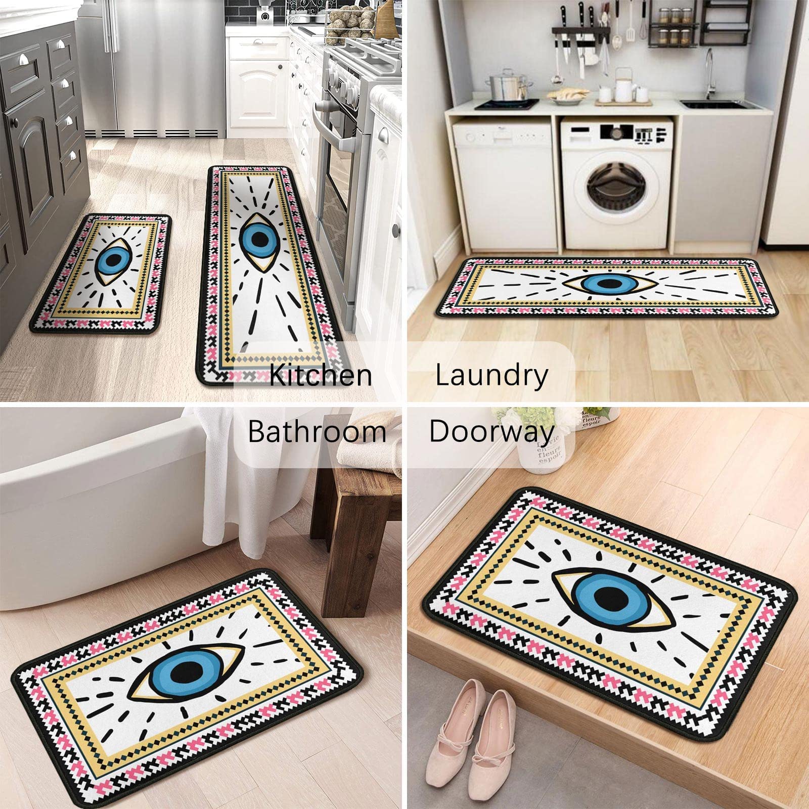 Evil Eye Kitchen Rugs Set Of 2 Boho Non-Slip Kitchen Rug And Mat Cushioned Kitchen Runner Rug Carpets For Floor Bedroom Farmhous