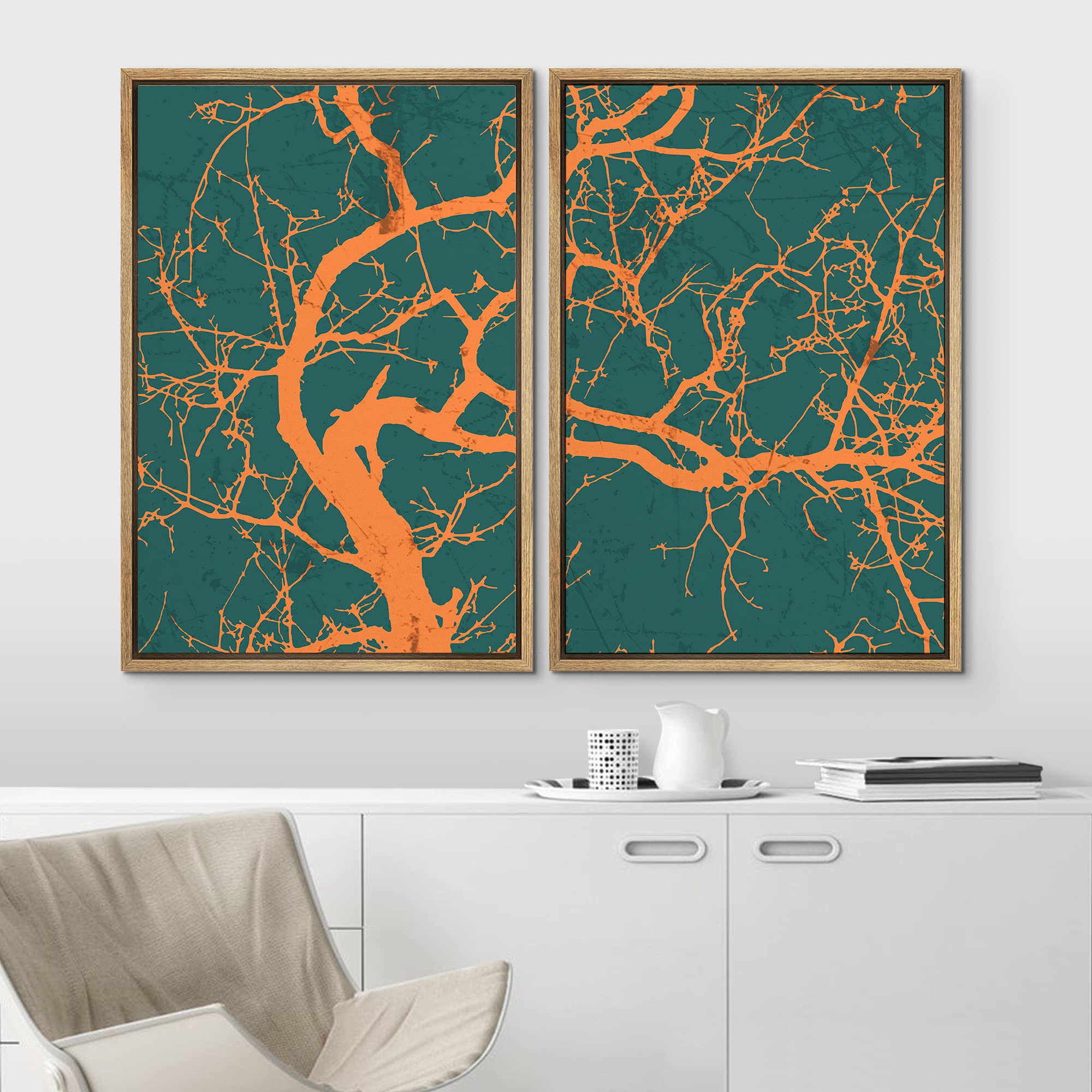 Idea4Wall Framed Canvas Print Wall Art Textured Orange Tree Silhouette On Green Background Nature Plants Digital Art Minimalism