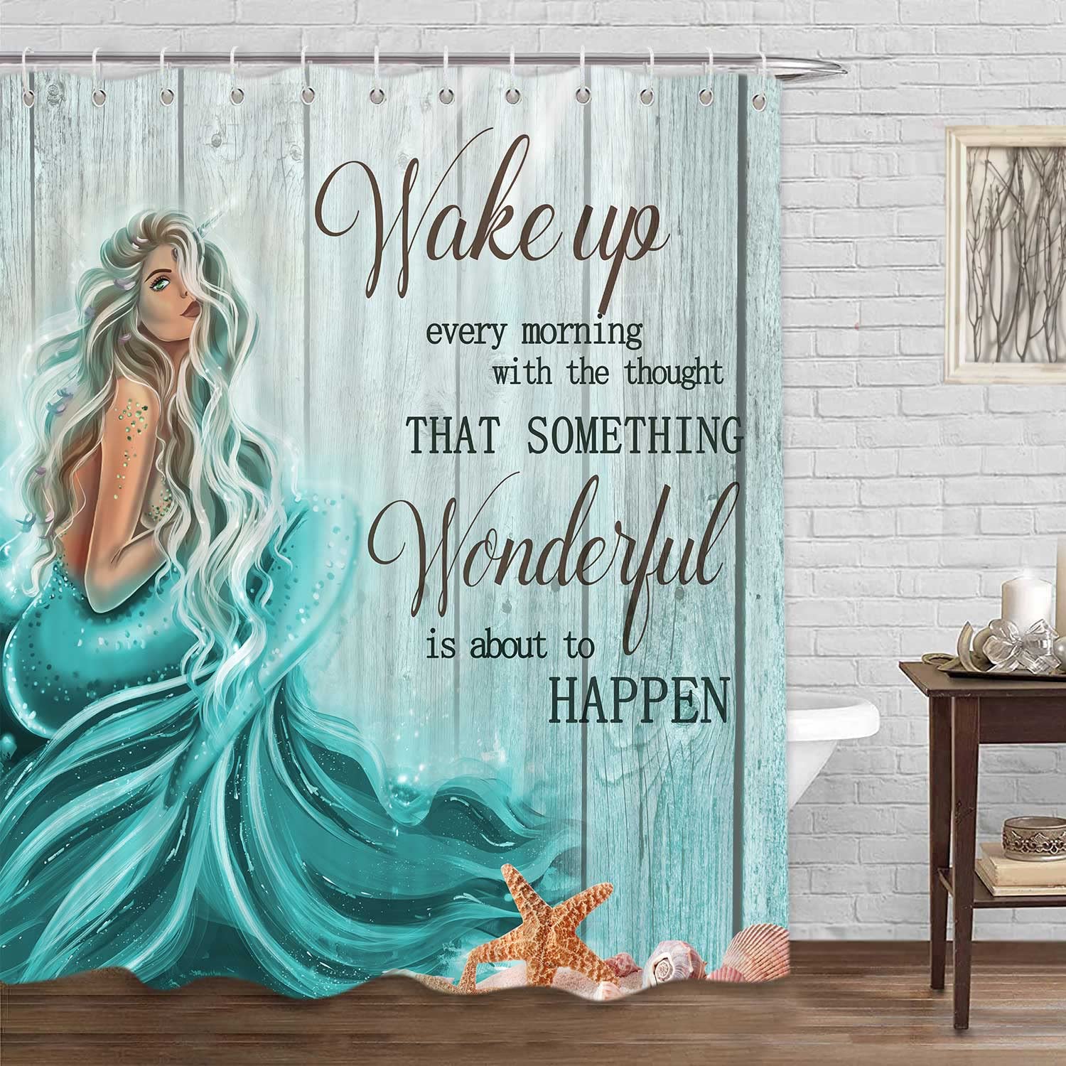 Teal Mermaid Shower Curtain, Mermaid Tail Quote Inspirational Fabric Shower Curtains Set For Little Girls Women Bathroom, Nautic