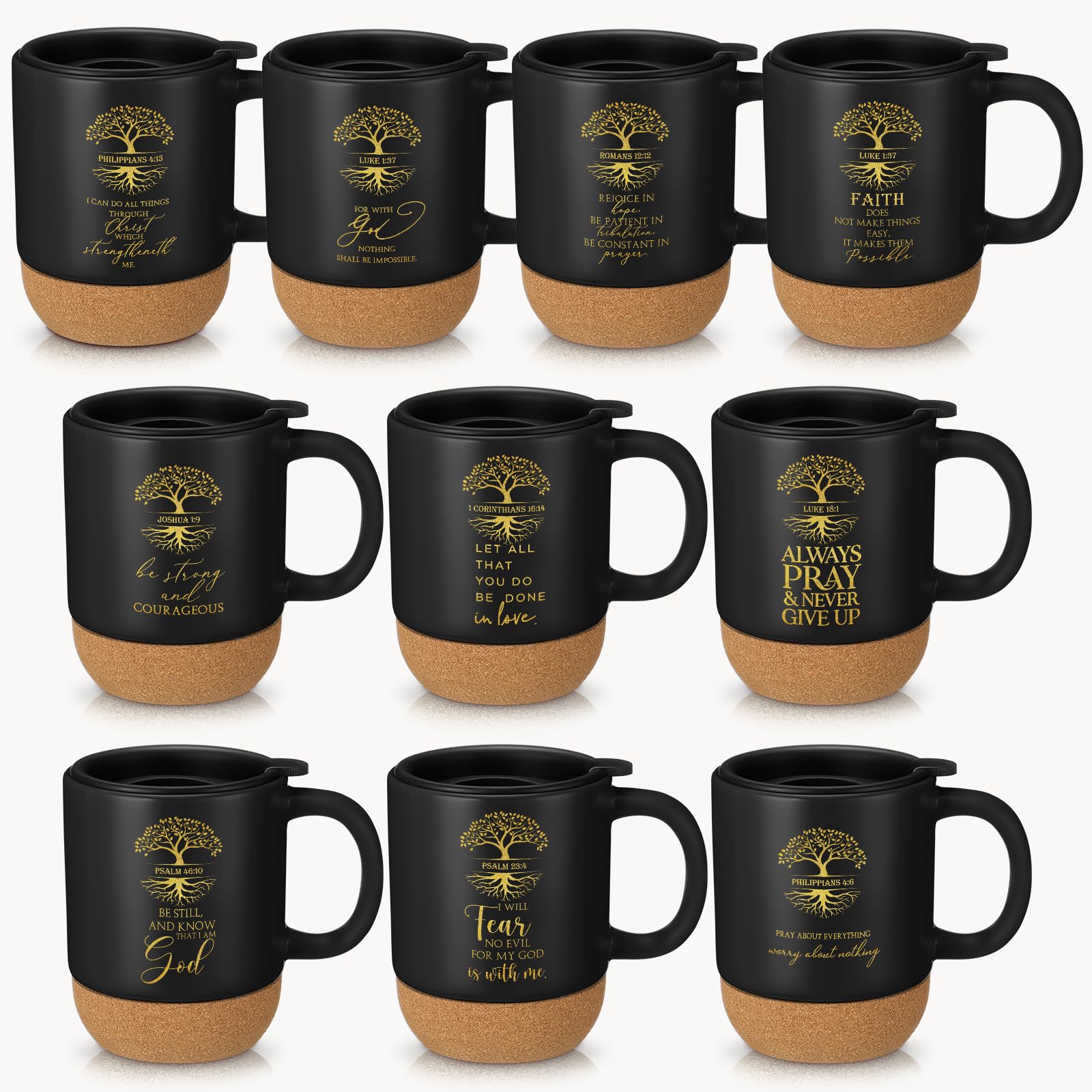 Jingmore 10 Pcs Bible Verse Coffee Mugs Cork Base, Tree, English Quote