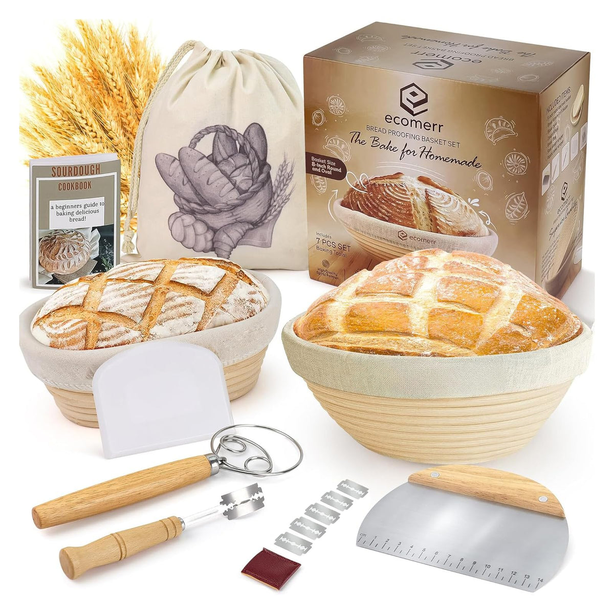 Ecomerr 9'' Banneton Bread Proofing Basket Set Of 2 - Round & Oval Rattan, Sourdough Starter Kit, Includes Lame, Dough Scrapers,