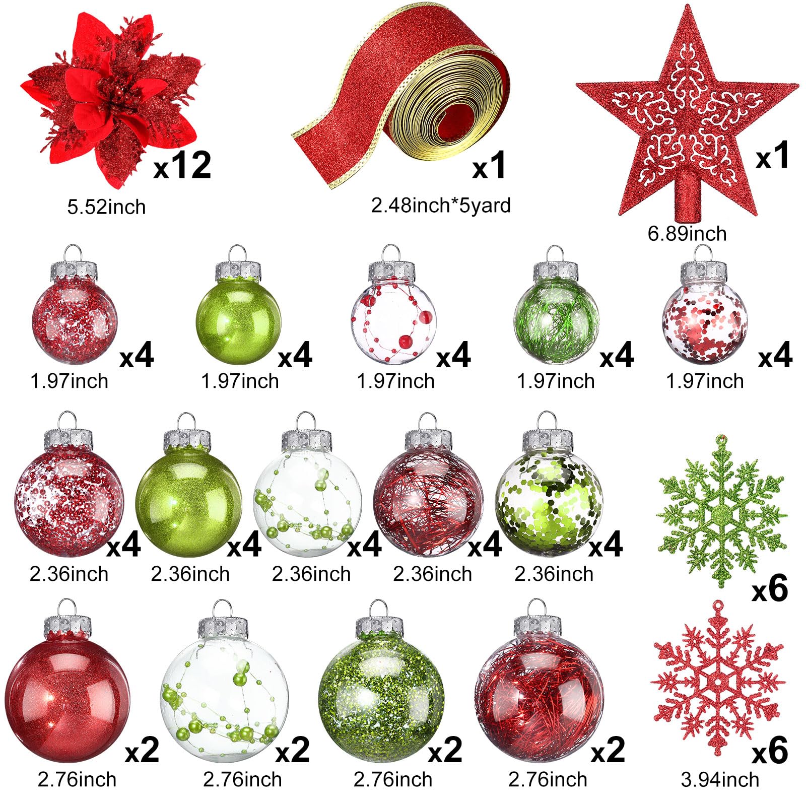 Jenaai 74 Pcs Christmas Ball Ornaments Set Plastic Shatterproof Christmas Tree Decorations with Hanging Snowflakes Ribbons Artif