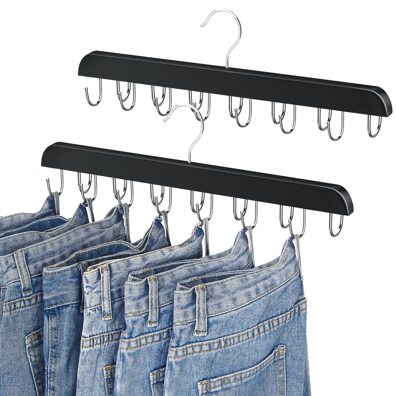 Jean Hangers For Closet, 14 Wood Jeans Hooks Space Saving, 180 Rotating Jean Hangers For Jeans/Skirts/Shorts/Belts/Ties, Closet