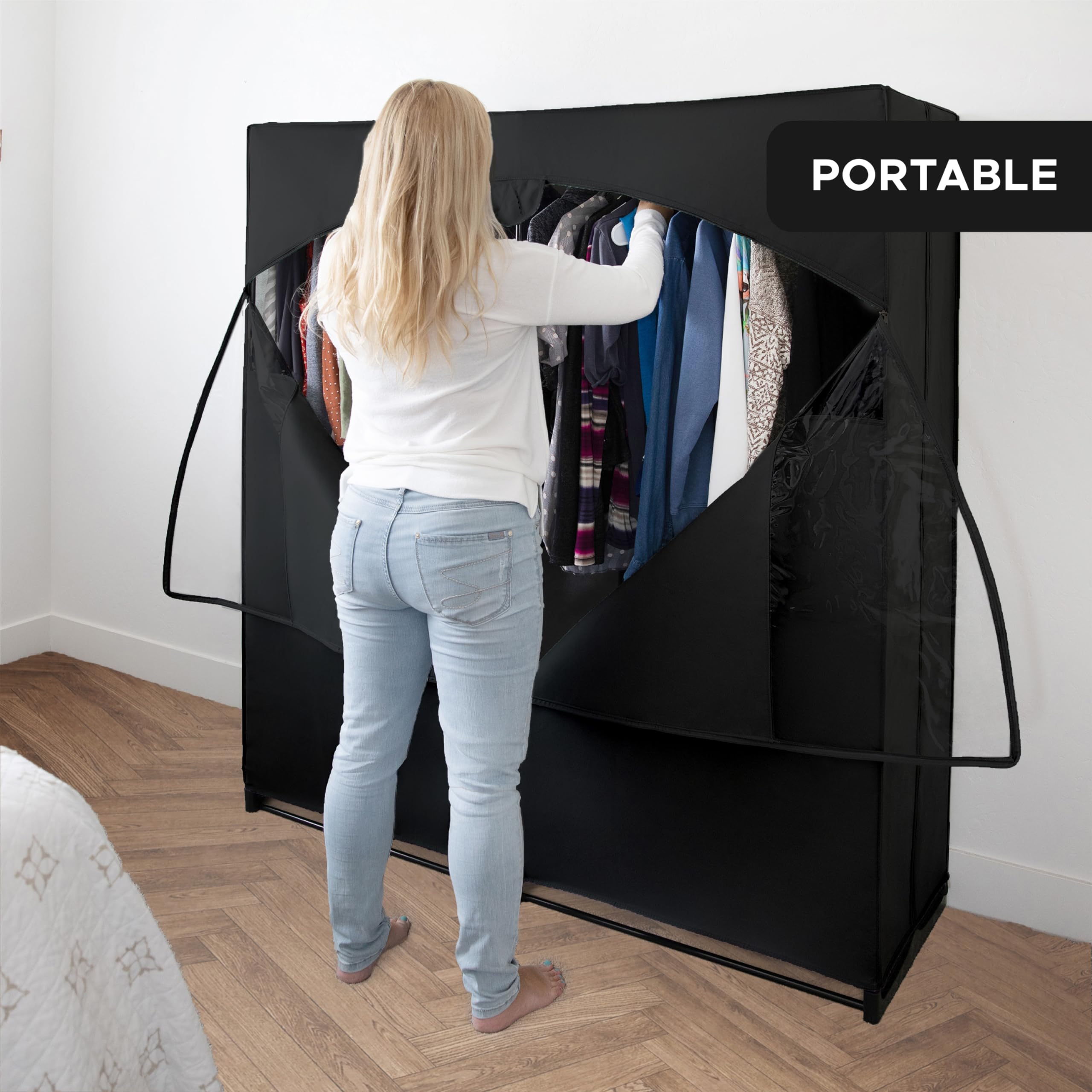 Holdn Storage Portable Wardrobe Closet, Large - Premium Heavy Duty Metal Hanging Rod With Black Cover- 50 Lb. Weight Capacity- S