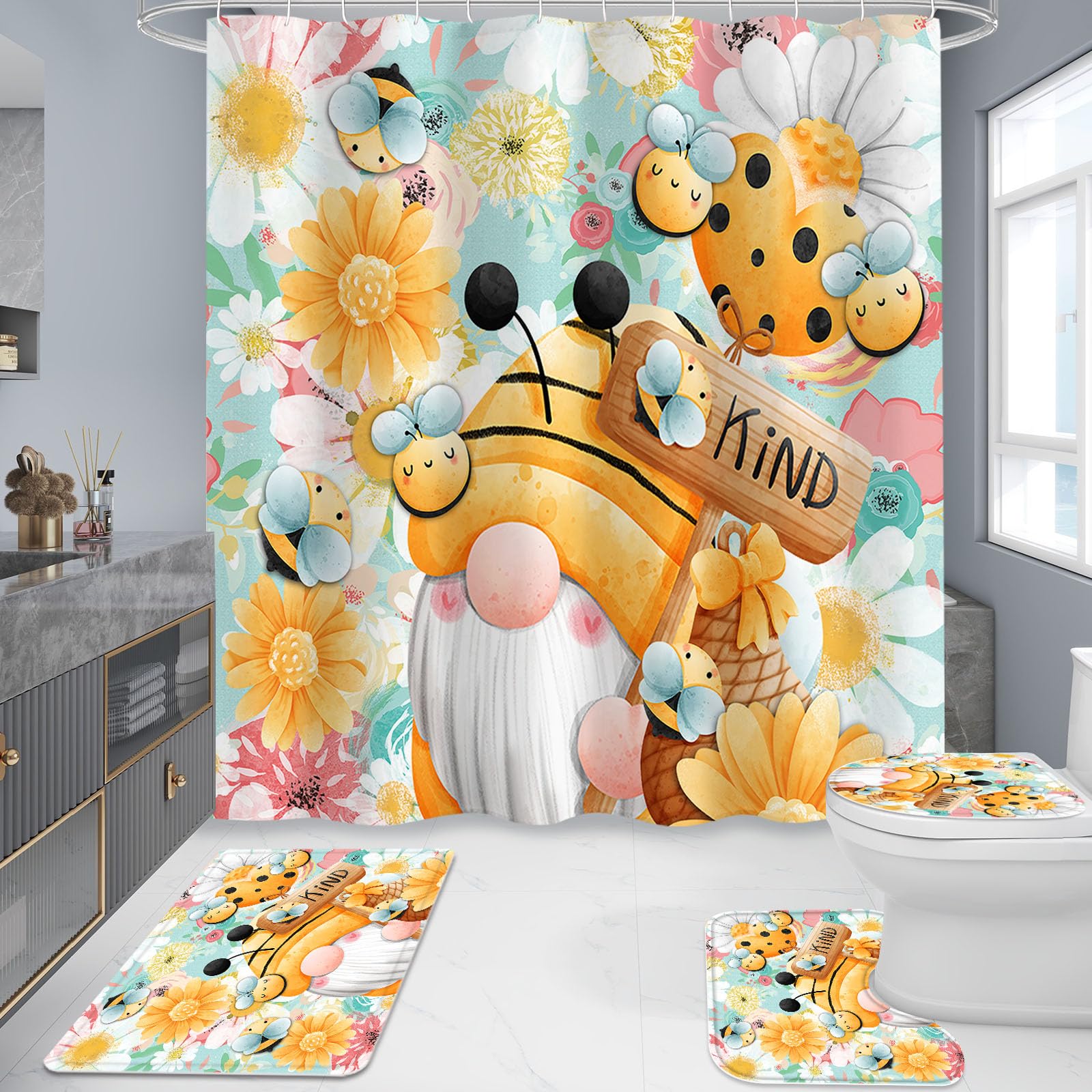 Litabel 4 Pcs Sping Gnomes Shower Curtain Set With Non-Slip Rugs, Toilet Lid Cover And Bath Mat, Boho Floral Bathroom Decor Set
