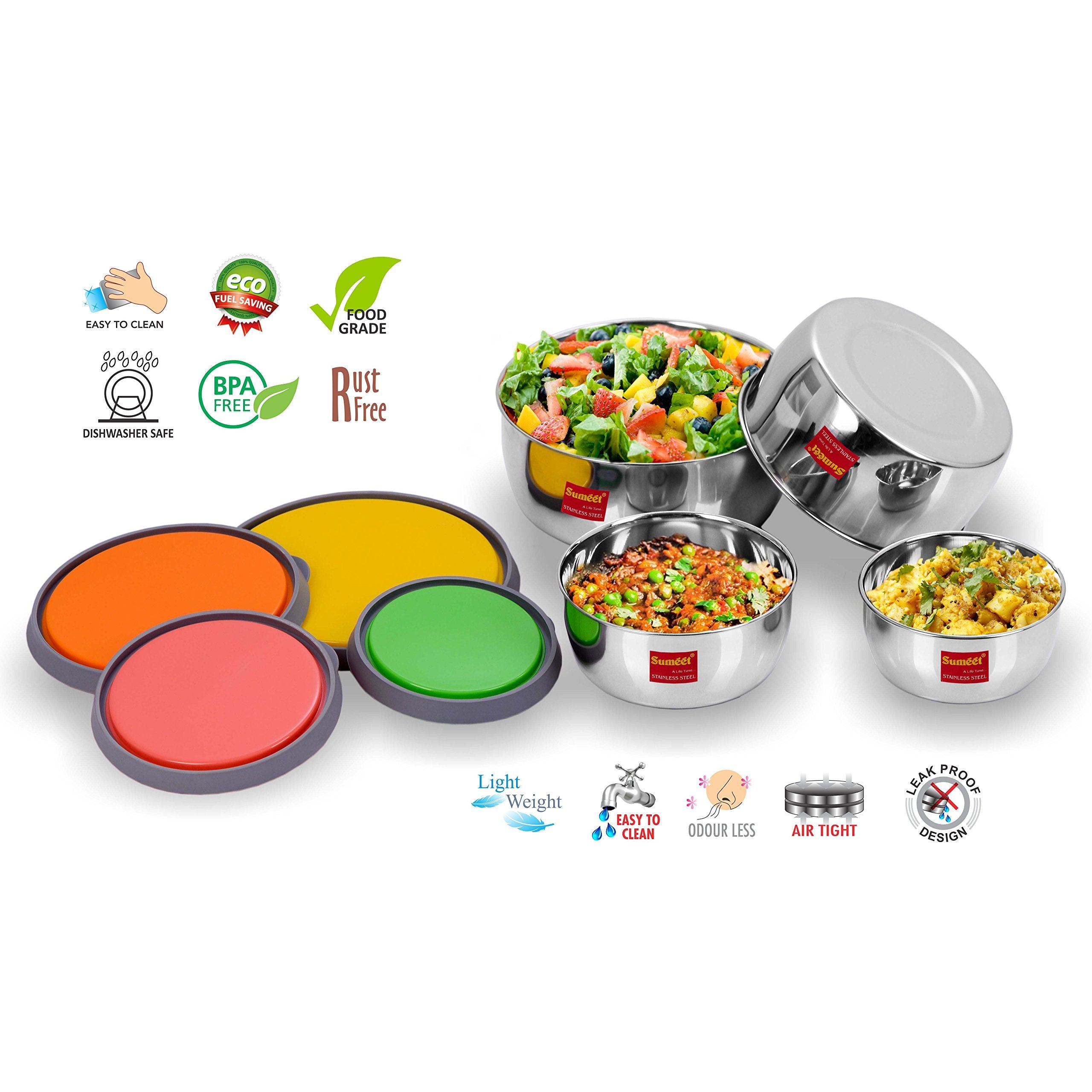 Sumeet Stainless Steel Food Storage Airtight & Leak Proof Containers Set 400Ml To 1 Ltr, Set Of 4Pc