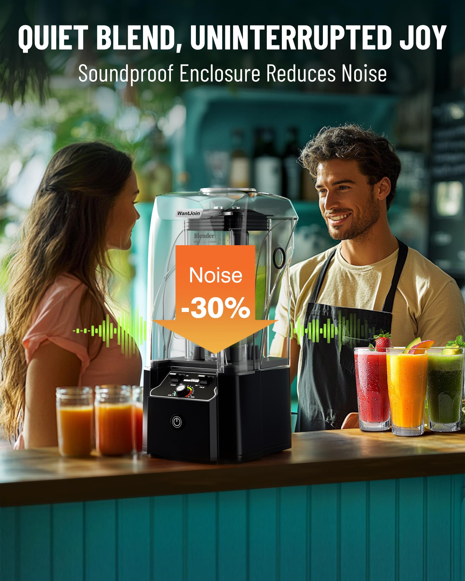 WantJoin Professional Commercial Blender With Shield Quiet Sound Enclosure 2200W Industries Strong and Quiet Professional-Grade Power  Self-Cleaning  Black