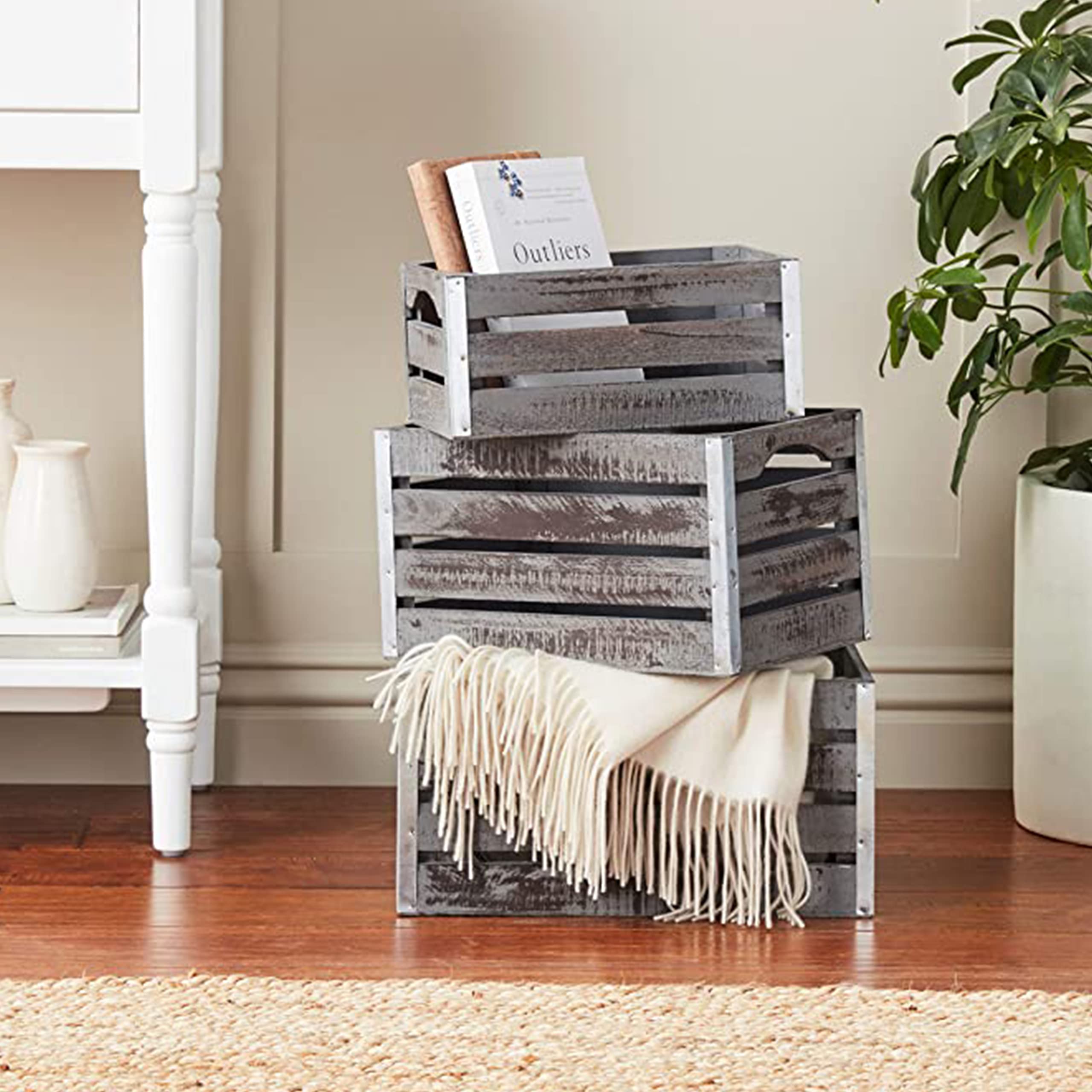 Wald Imports - Set Of 3 Rustic Distressed Wooden Crates For Storage - Decorative Wooden Crate Set For Home Decoration & Display