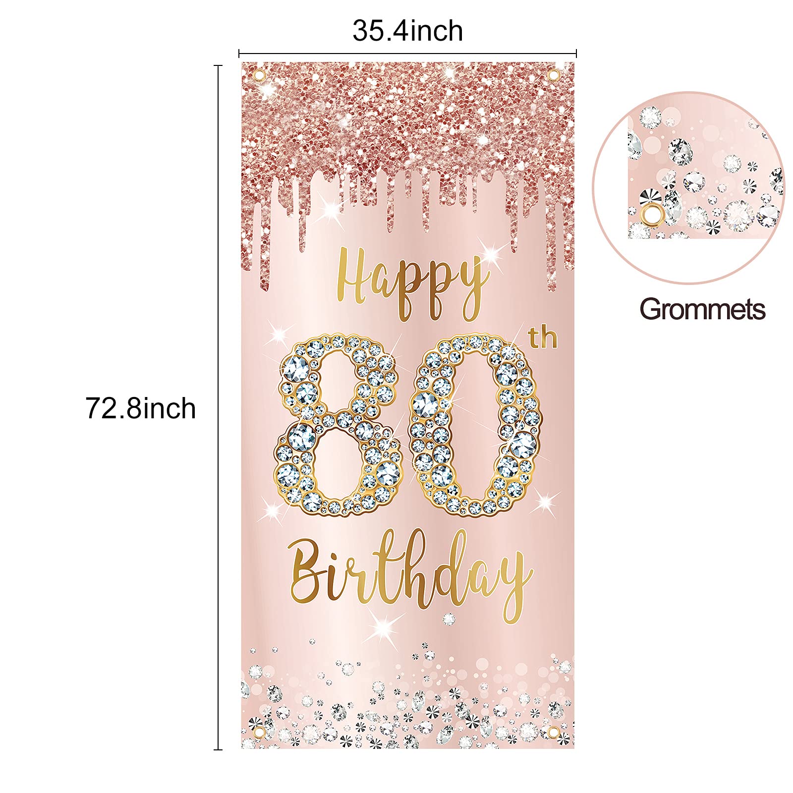 80Th Birthday Door Banner Decorations For Women, Pink Rose Gold Happy 80Th Birthday Door Cover Backdrop Party Supplies, Large 80