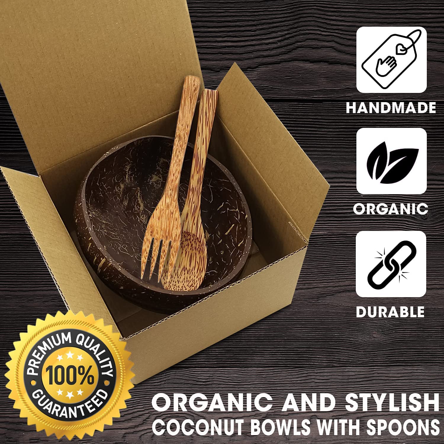 Cerem Coconut Bowl & Wooden Spoon, Fork Set - Handmade Natural Coconut Bowls For Acai, Smoothie, Buddha Bowls - Eco Friendly Veg