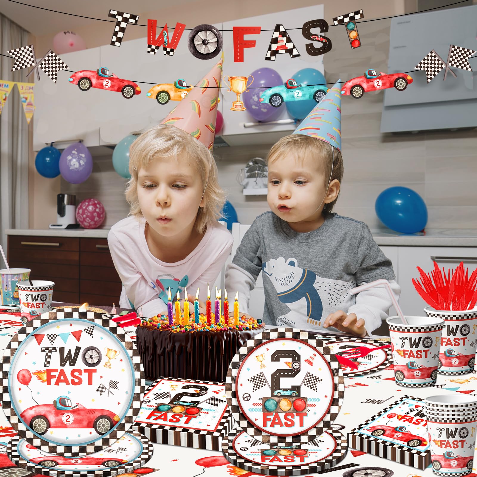 Two Fast Birthday Party Supplies, 142Pcs Race Car 2Nd Birthday Decorations Tableware Kit Includes Race Car Plates Napkins Tablec