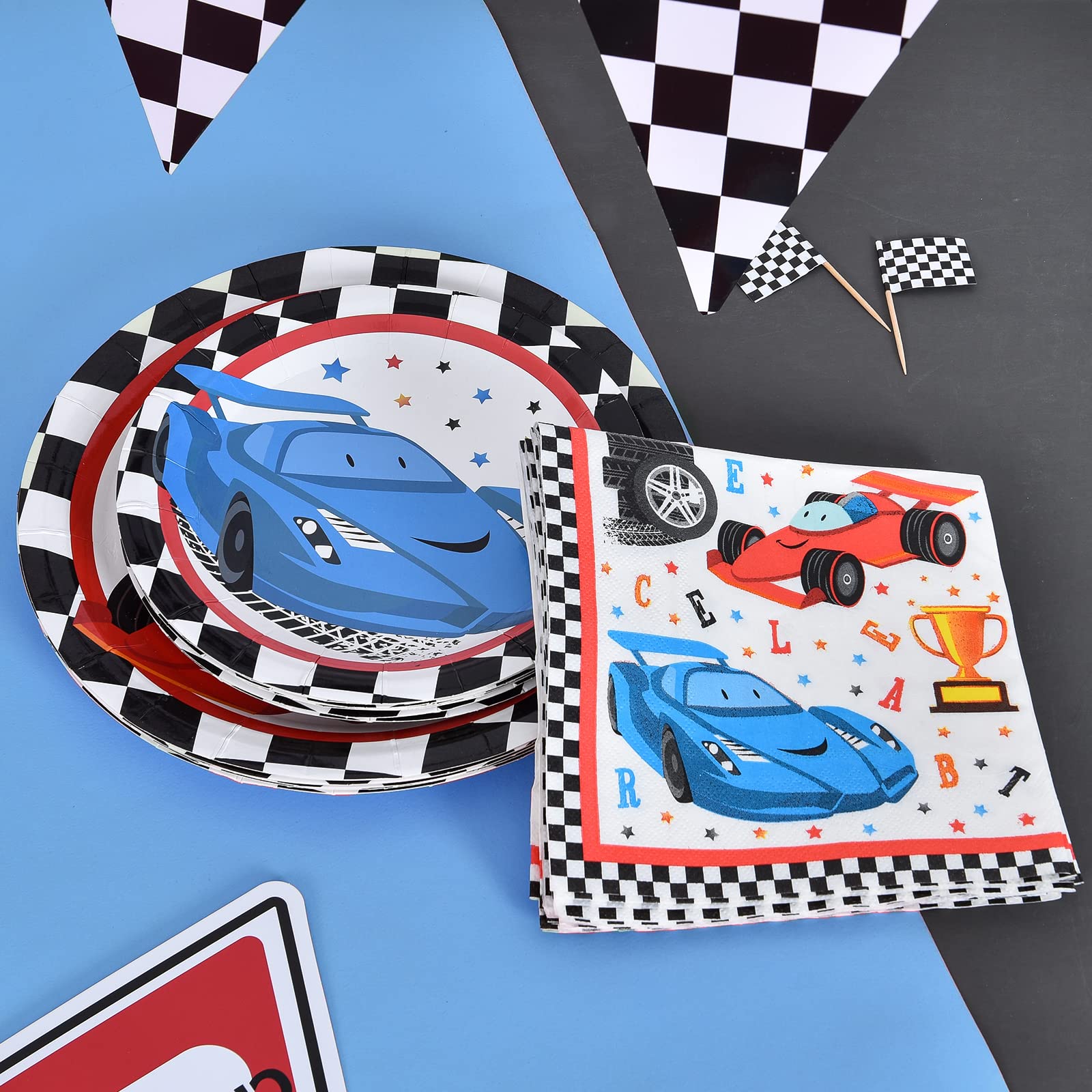 Wernnsai Race Car Party Supplies - 48Pcs Checked Racing Party Plates Napkins Disposable Tableware Set Race Car Birthday Party De