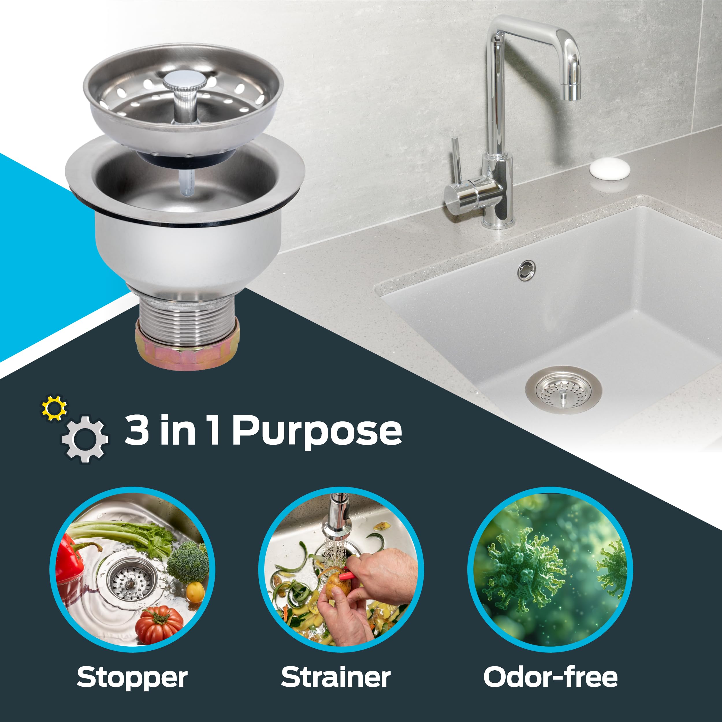 Ez-Flo Double Cup Kitchen Sink Drain Assembly, Sink Strainer Fits 3-1/2 Inch To 4 Inch Opening, 1-7/8 Inch Extended Shank, Stain