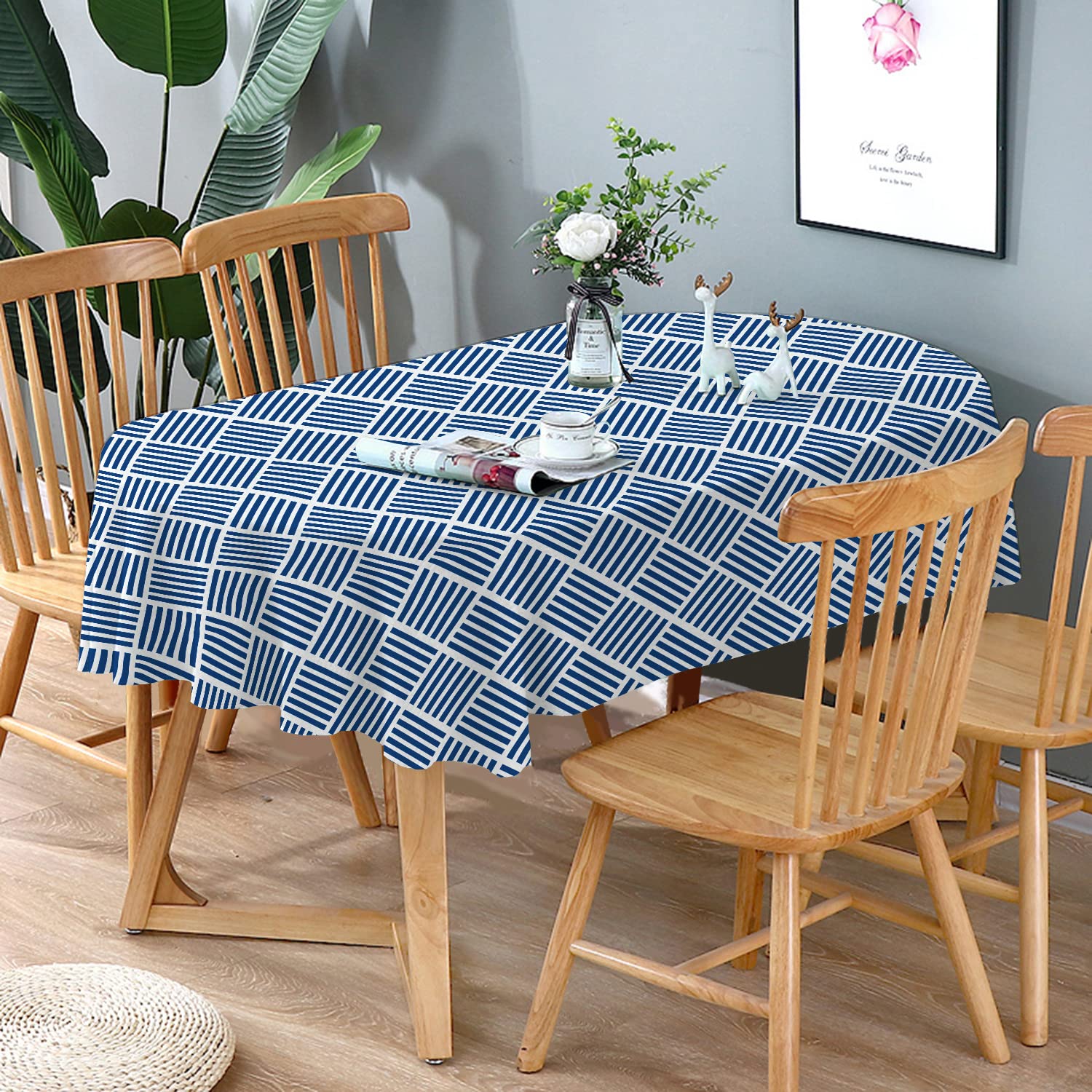 Bnejvif Oval Tablecloth Blue Striped Tablecloth, Modern Oval Tablecloth, Geometric Tablecloth, Indooroutdoor Waterproof Wrinkle