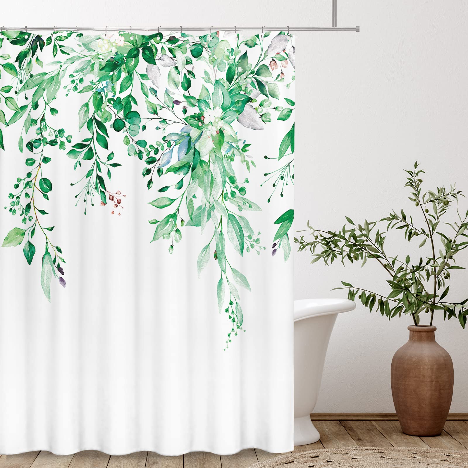 Tititex Emerald Green Eucalyptus Shower Curtain Sets, Watercolor Leaves On The Top Plant With Floral Bathroom Decoration 72X84 I