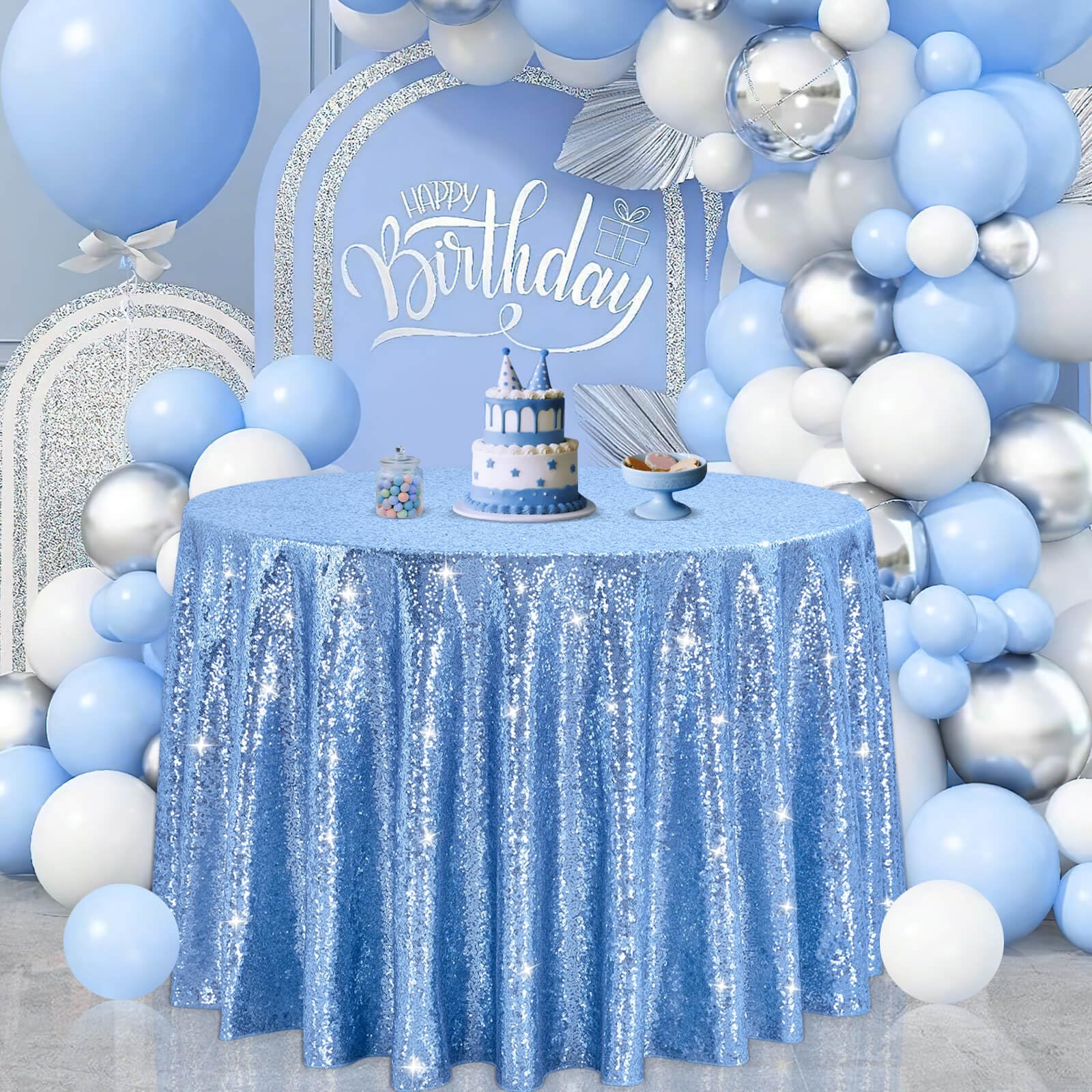 B-COOL Round Sequin Tablecloth Sparkle Party Decorations: 90 Inch Table Cloth Royal Blue Sequin Fabric Overlay for Indoor Outdoo