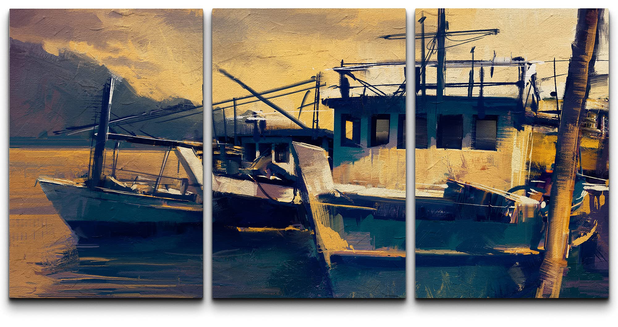 Wall26 Canvas Print Wall Art Set Boat In The Harbor At Sunset Nature Ocean Illustrations Realism Rustic Landscape Colorful Multi