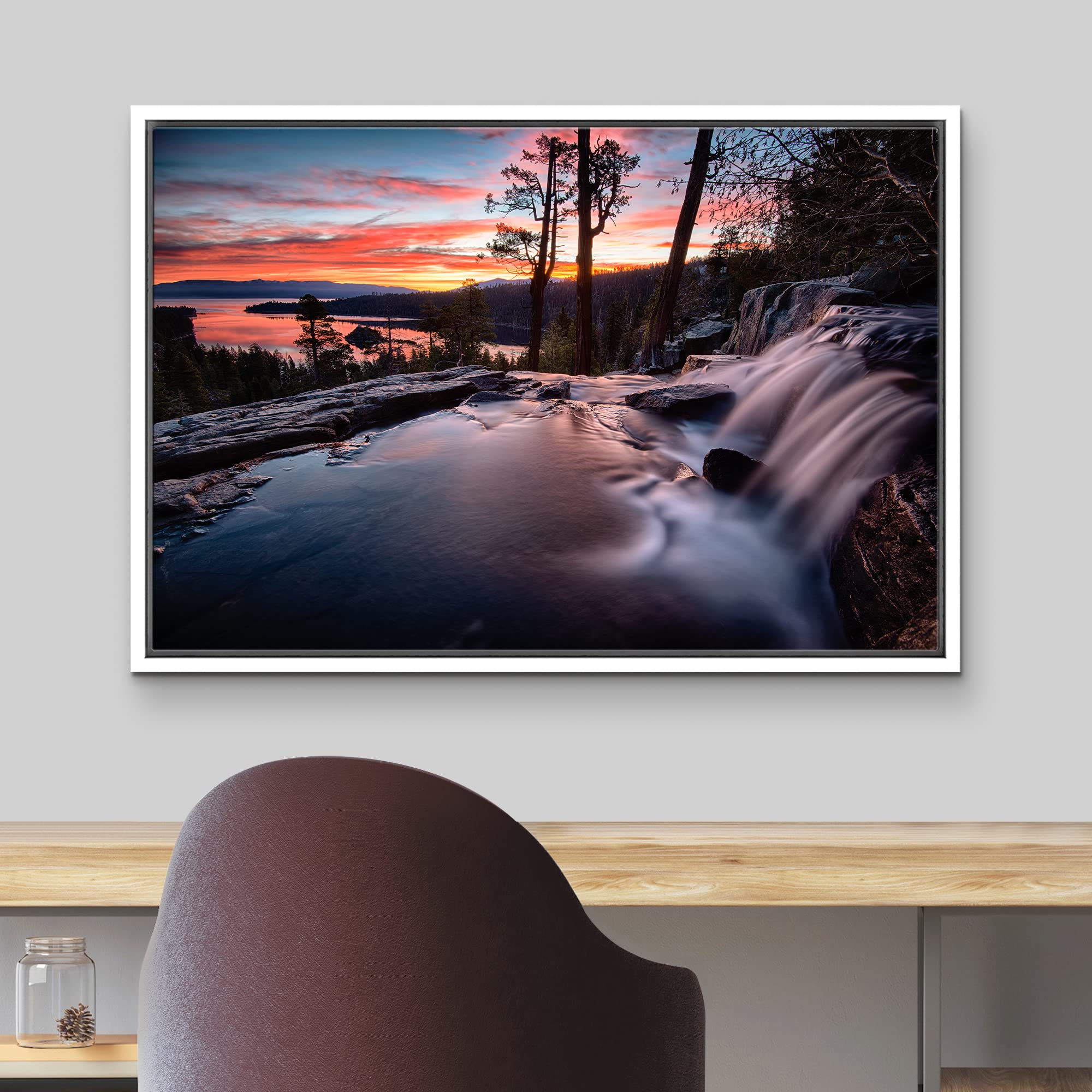 wall26 Framed Canvas Print Wall Art Water Rushes Over Lake at Sunset Nature Wilderness Photography Modern Rustic Scenic Relax/Calm Multicolor Colorful for Living Room  Bedroom  Office - 24''x36'' White