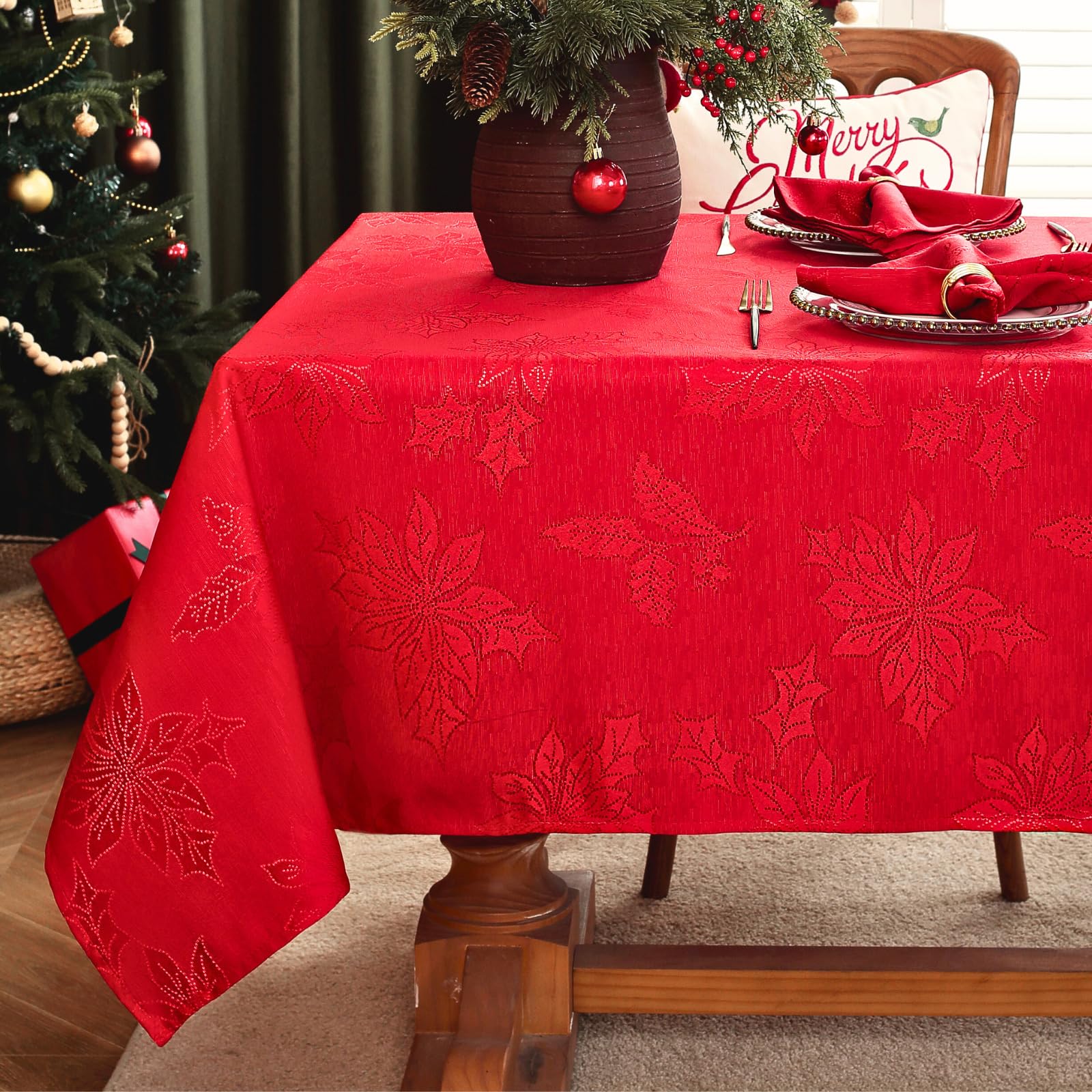 Honellaty Christmas Poinsettia Tablecloth Rectangle, 60 X 102 Inch Jacquard Washable Polyester Durable Spillproof Anti-Wrinkle D