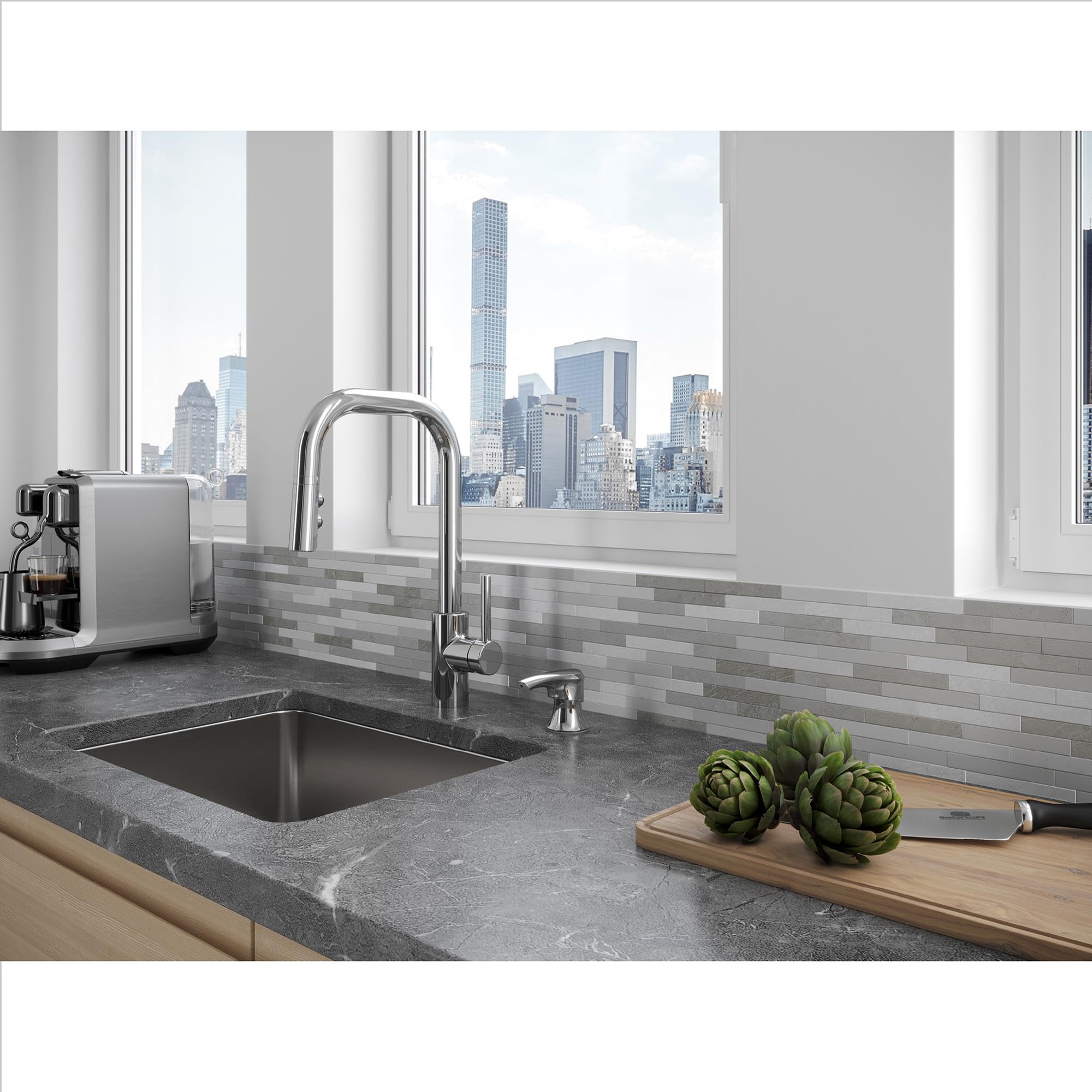 Pfister Zanna Kitchen Faucet With Pull Down Sprayer And Soap Dispenser, Single Handle, High Arc, Polished Chrome Finish, F5297Zn