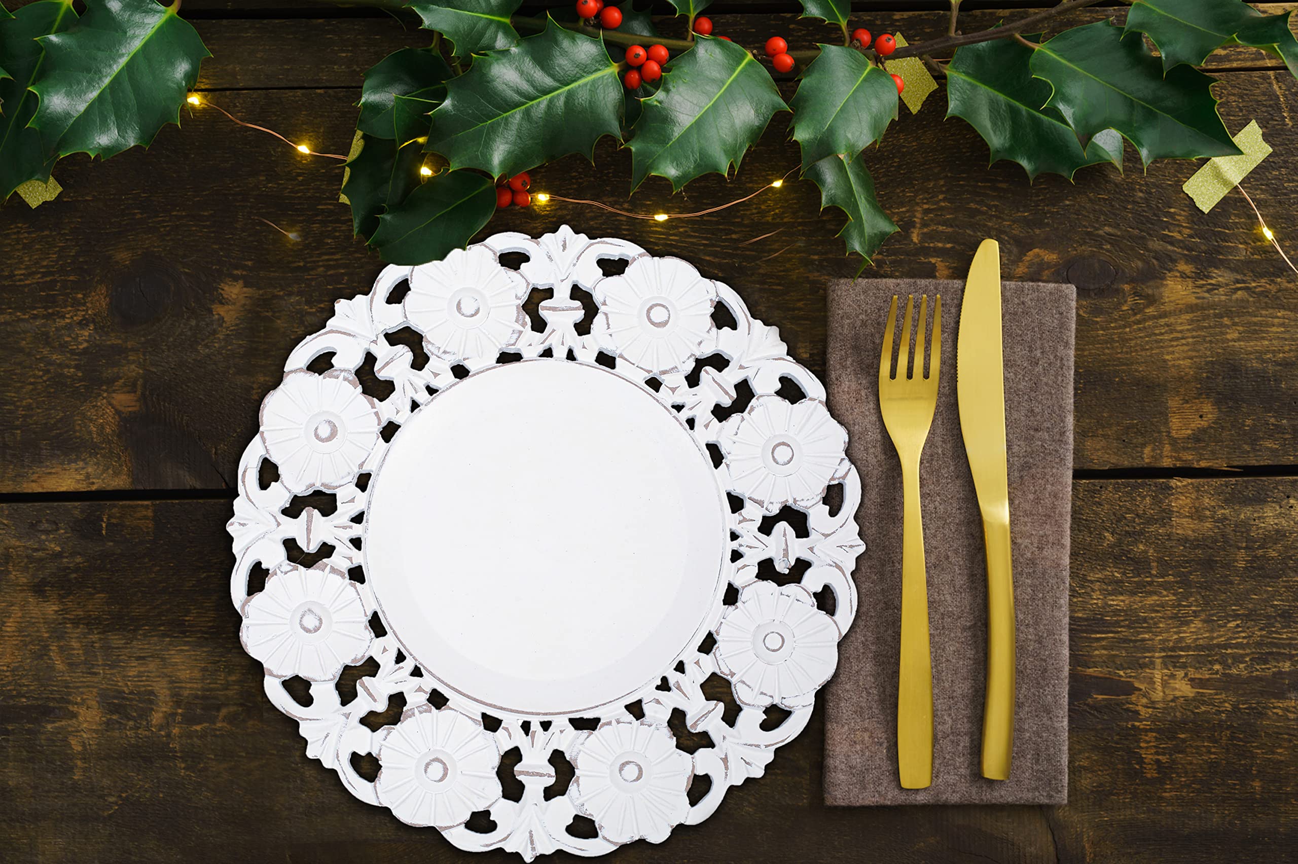 White Wood Charger For Dinner Plates Set Of 2 - Decorative Flower Design 13 Inch Round Wooden Placemat For Dining Table D  Cor/F