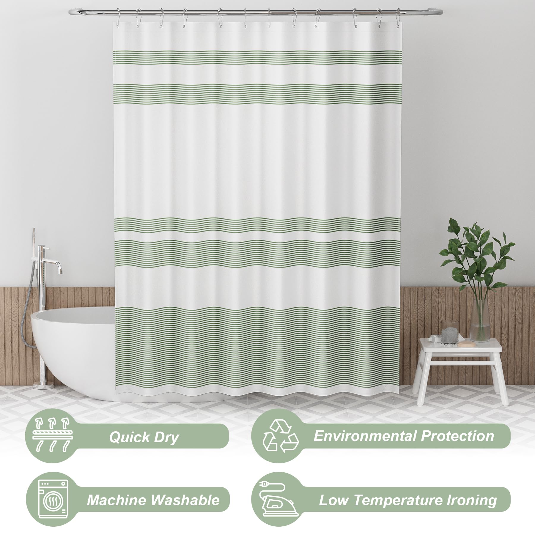 Amazerbath Shower Curtain, Washable Cloth Sage Green Shower Curtain With 12 Shower Curtain Hooks, Fabric Green And White Striped