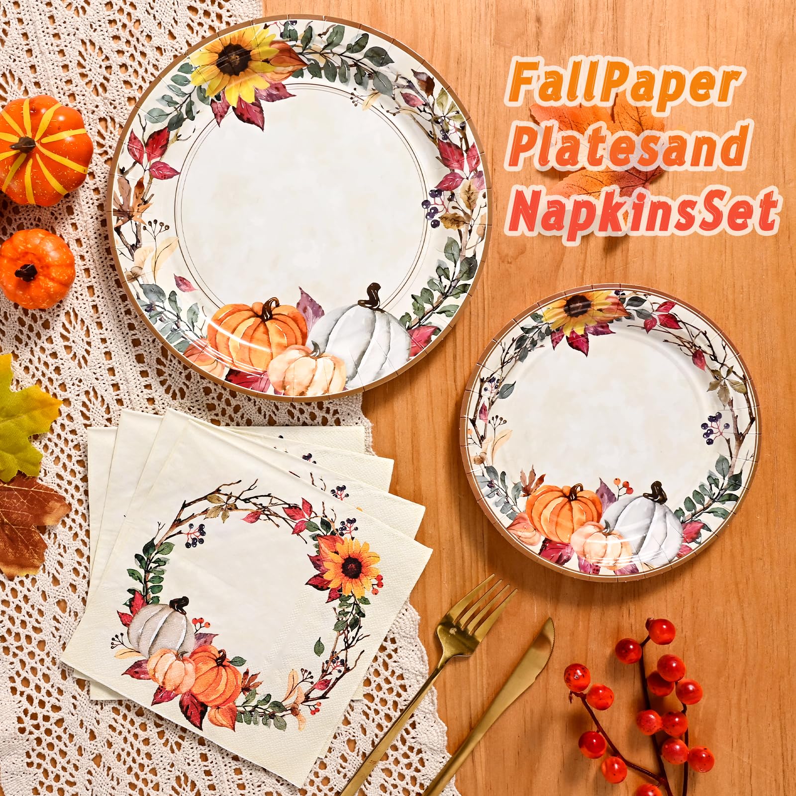 Homlouue 200 Pcs Fall Paper Plates and Napkins, Thanksgiving Plates and Napkins Sets, Fall Pumpkins Wreath Plate Disposable Part
