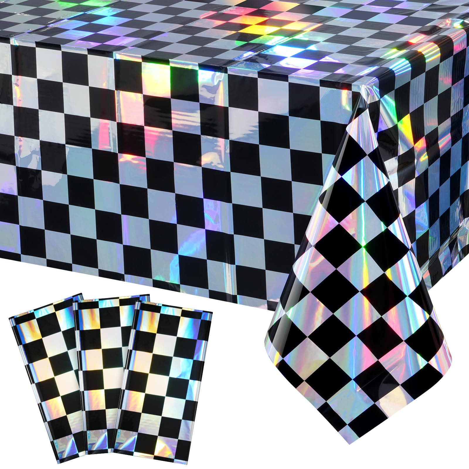 3Pack Black And Iridescent Checkered Plastic Tablecloth, Shiny Disposable Laser Rectangle Table Covers, Holographic Foil Tablecl