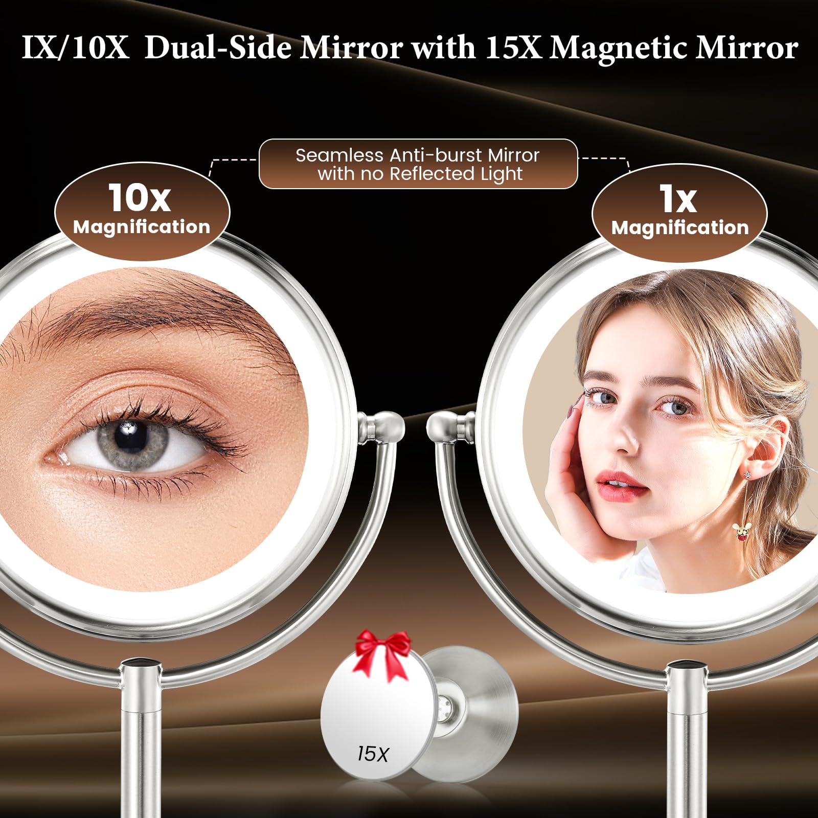 VESAUR Professional 8.5'' Large Lighted Makeup Mirror Updated with 3 Color Lights  1X/10X Magnifying Swivel Vanity Brightness Dimmable Cosmetic Mirror with 48 Premium LED Lights  Senior Pearl Nickel