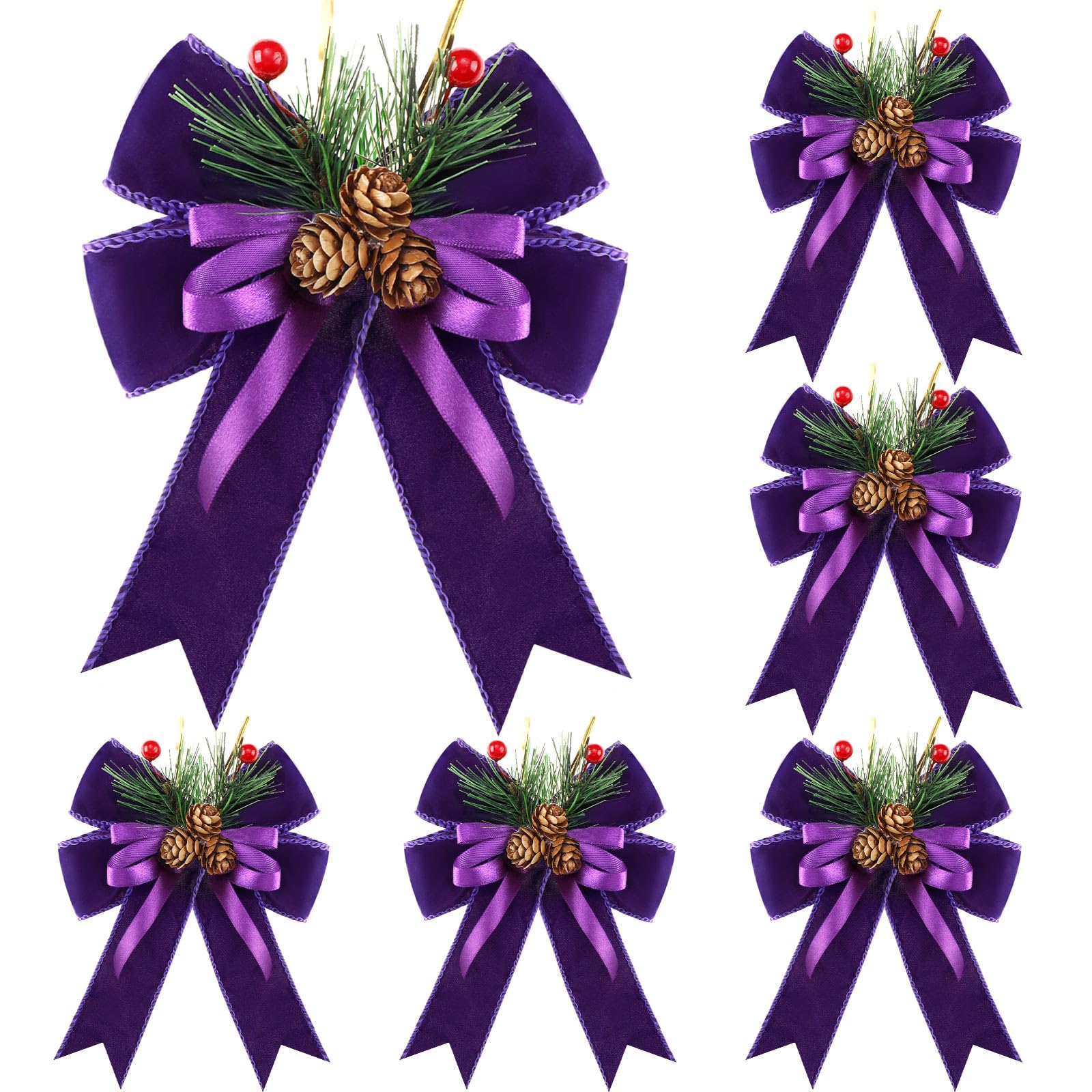 Syhood 6 Pcs Christmas Bows with Pine Cones Pine Needles Xmas Velvet Bows Purple Velvet Ribbon Christmas Tree Wreath Decoration 