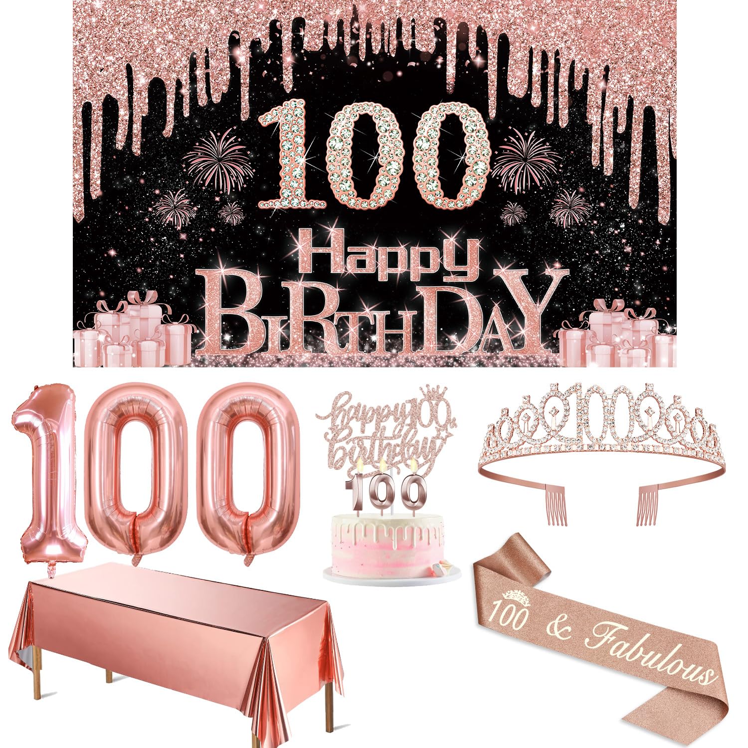 100Th Birthday Decorations For Women With Banner, Rose Gold Tablecloth, Number Balloons, 100Th Birthday Sash And Tiara, Cake Top
