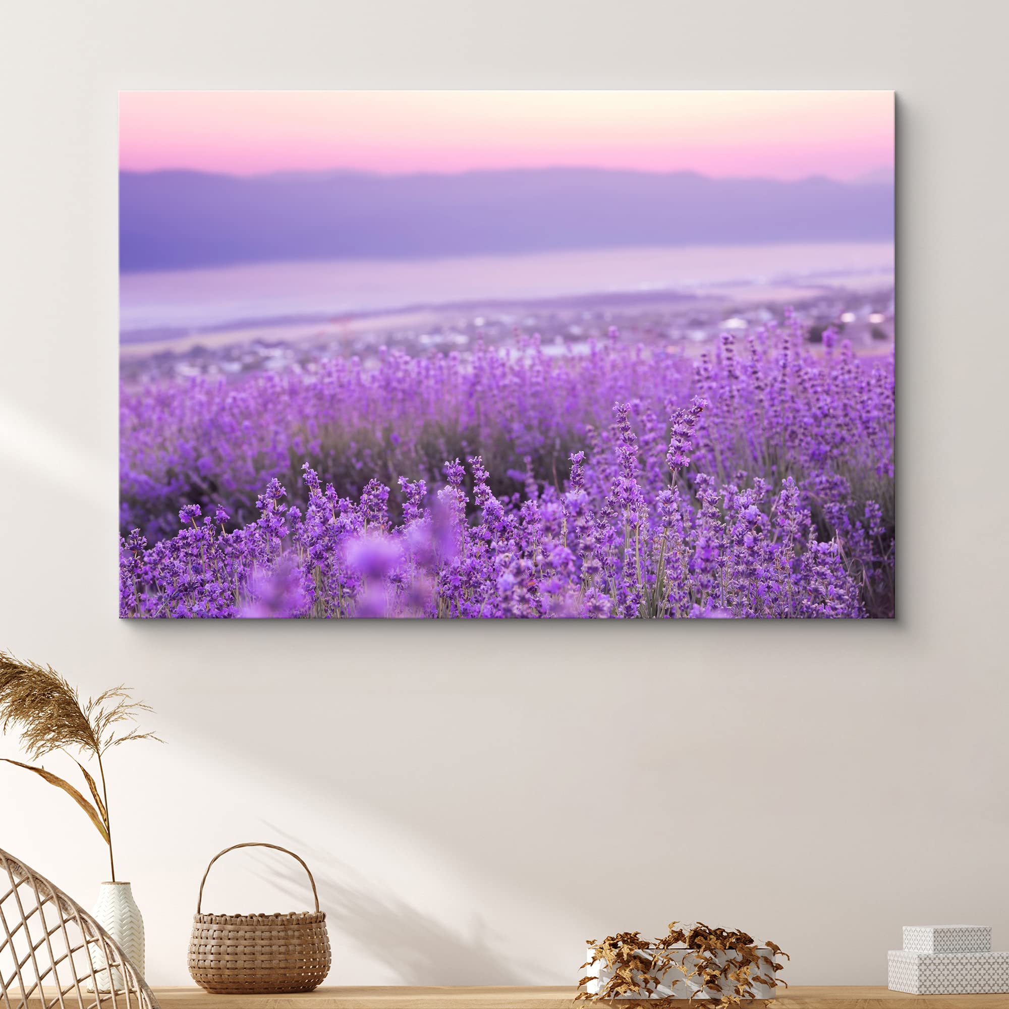 Signford Canvas Print Wall Art Lavender Flowers With Purple Mountain Range Floral Plants Photography Modern Art Rustic Landscape