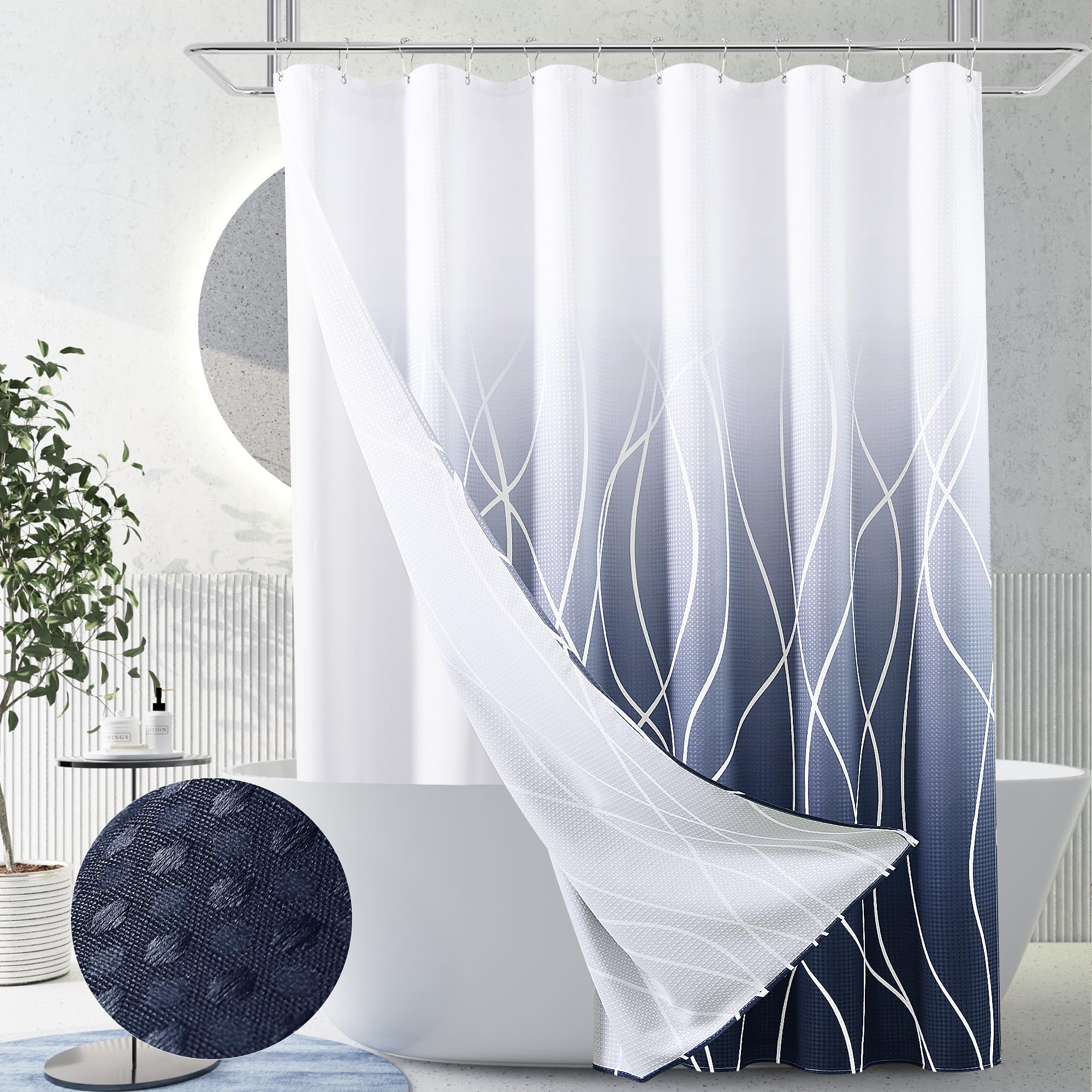 Naturoom Navy Blue Shower Curtain And Liner Ombre Waffle Fabric Shower Curtains And Liner Set Dark Blue And White Curtain Set Wi