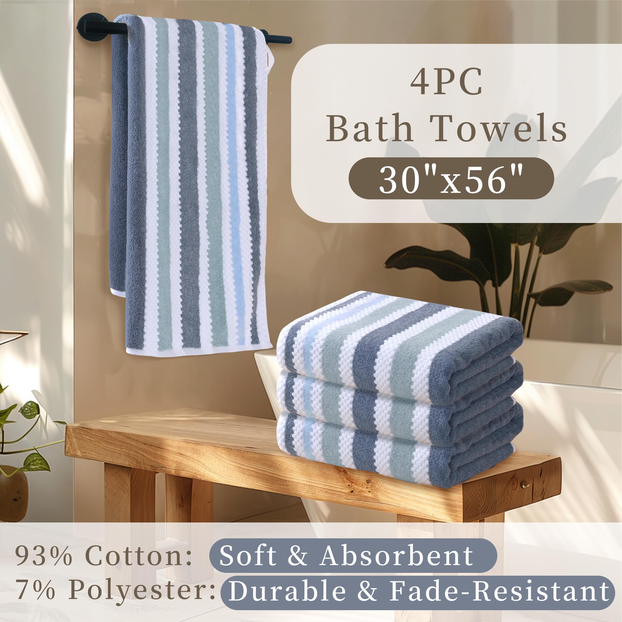Striped Bath Towels (4Pc, 30''X56'') - Quick Dry | Absorb | Lightweight | 540Gsm | Soft, Cotton Polyester Blend Bath Towels, Dec