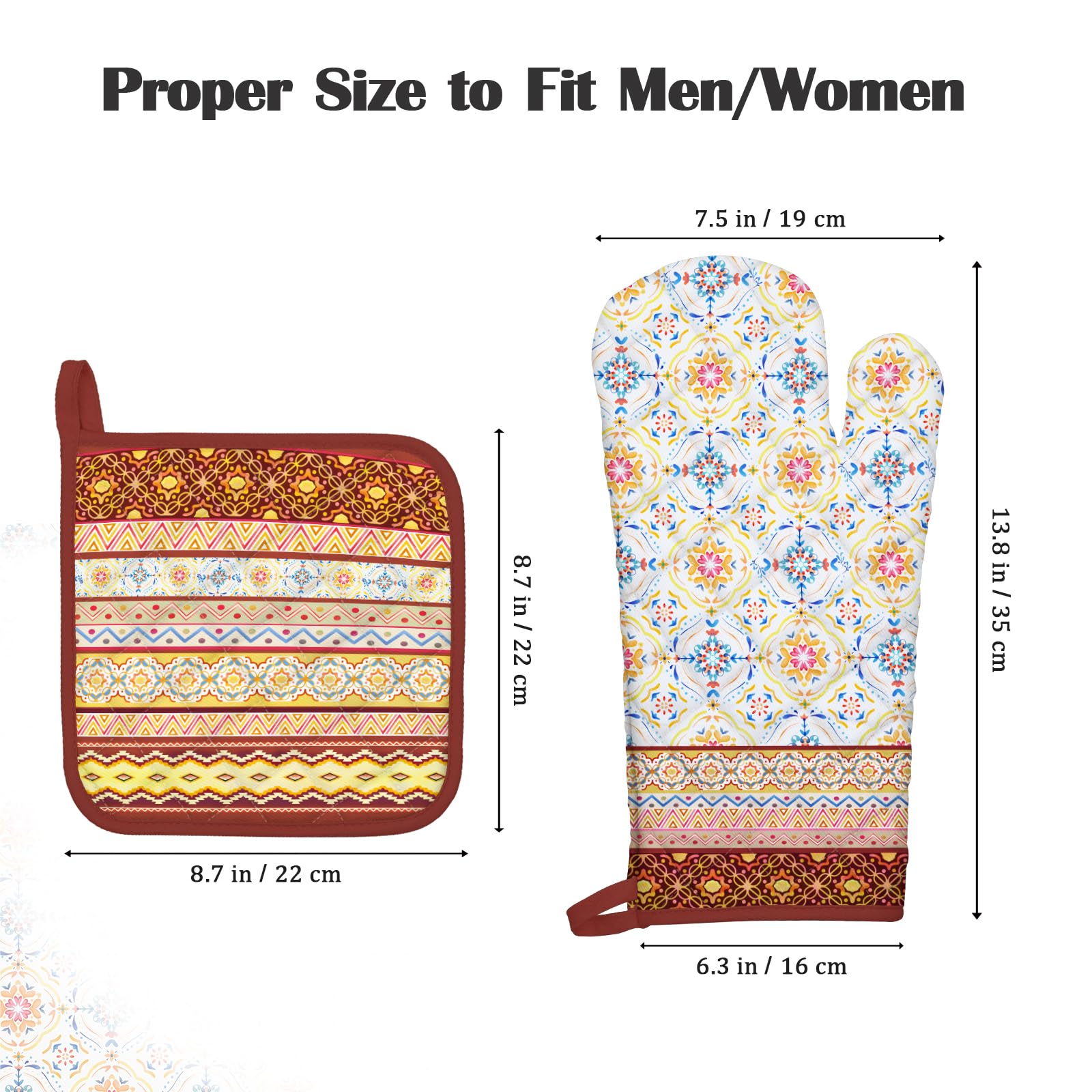 Arquiel Boho Floral Oven Mitts And Pot Holders Sets 2Pcs, 100% Cotton Heat Resistant, Extra Long Oven Gloves Potholder For Kitch