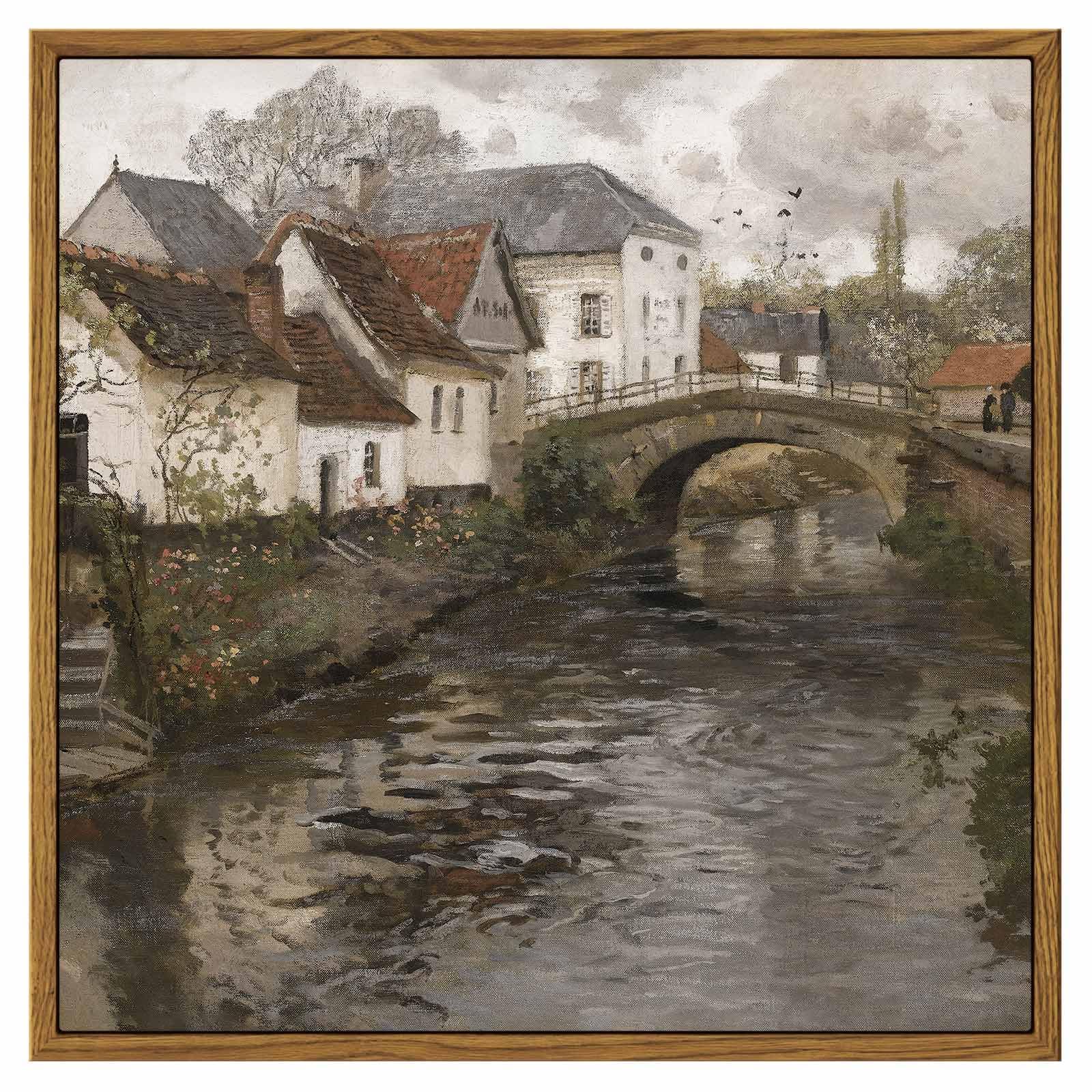 Insimsea Square Framed Canvas Wall Art, Vintage Landscape Prints Riverside Small Town Canvas Prints Home Decor, Rustic Farmhouse