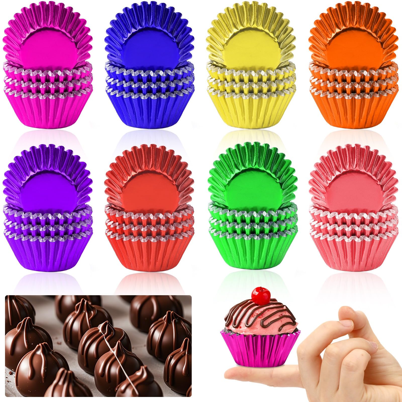 AUGSUN 400pcs Mini Foil Cupcake Liners Colorful Cupcake Baking Cups Metallic Mini Muffin Cupcake Wrappers for Christmas Holiday 