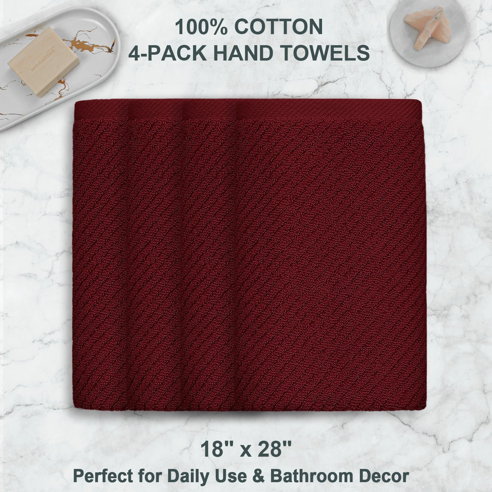 Voova & Movas Hand Towels For Bathroom Set Of 4, Large 18'' X 28'' - 100% Cotton | Lightweight | Thick | Quick Dry | Soft | Abso