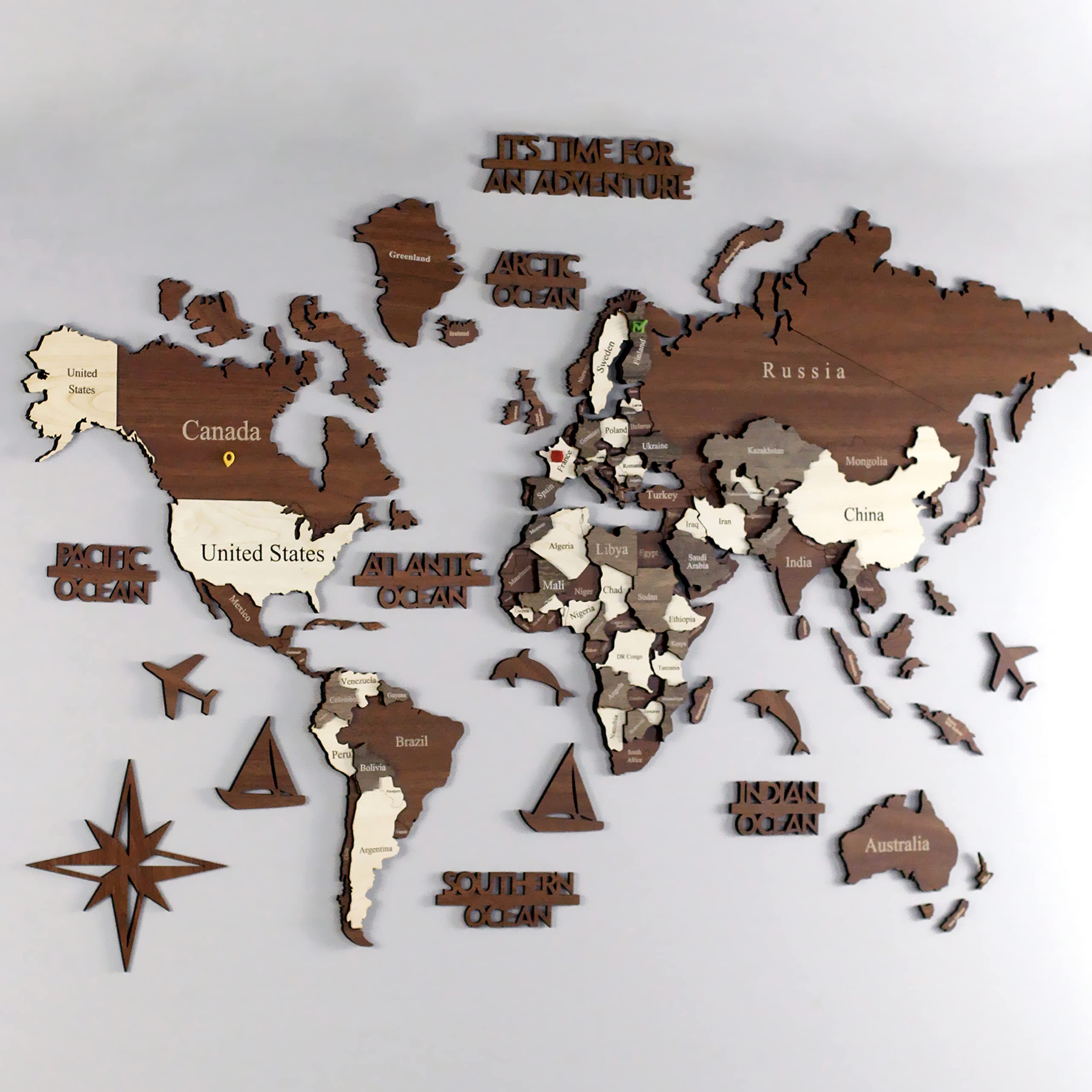 Colorfull Worlds 3D Wooden World Map - Wall Art Decor, 39x24 inches, Mixed Color, Housewarming/Birthday Gift, Model 2022-01013