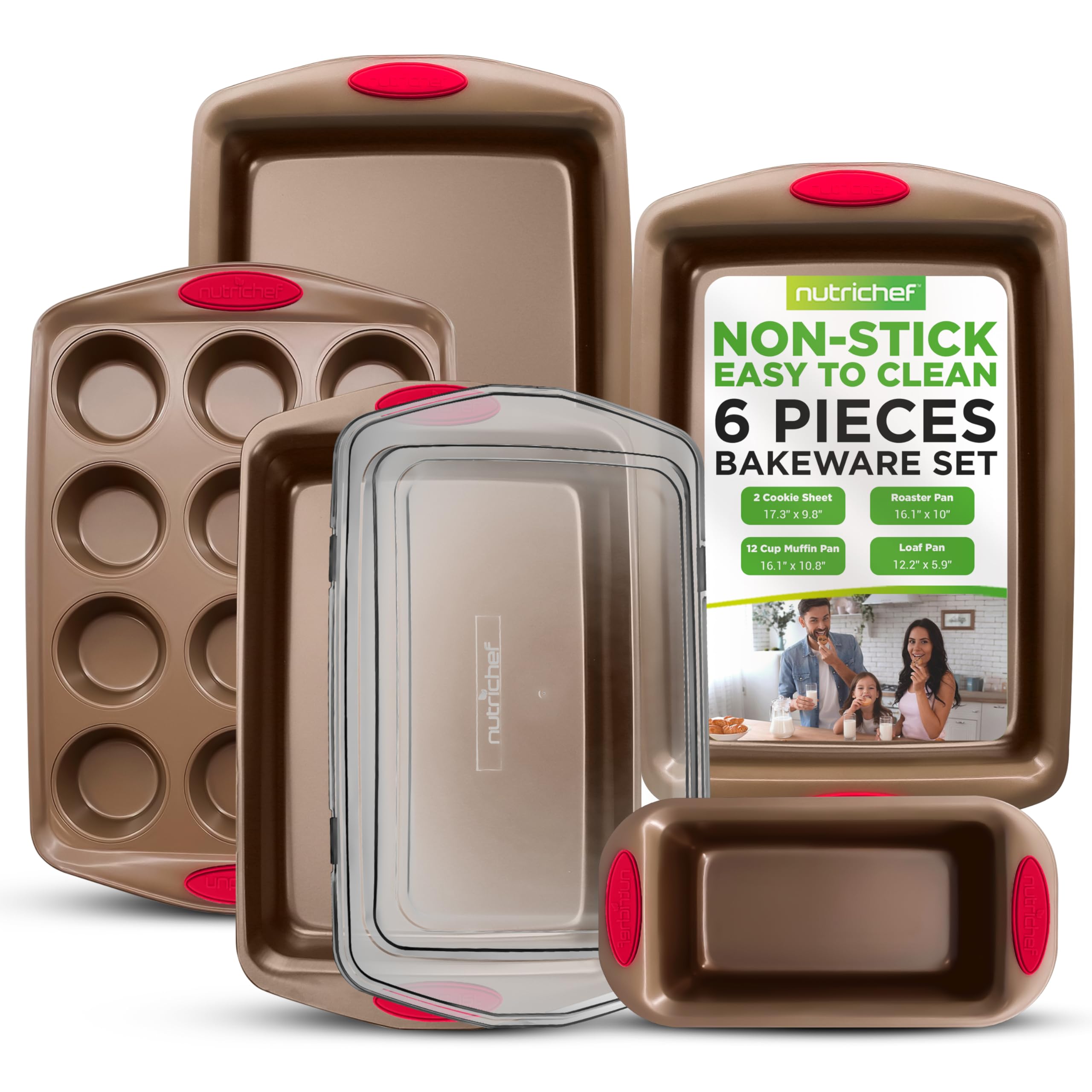 Nutrichef 5-Piece Nonstick Baking Pan Set - Premium Steel Bakeware W/Silicone Handles - Includes 2 Baking Sheets, 12-Cup Muffin