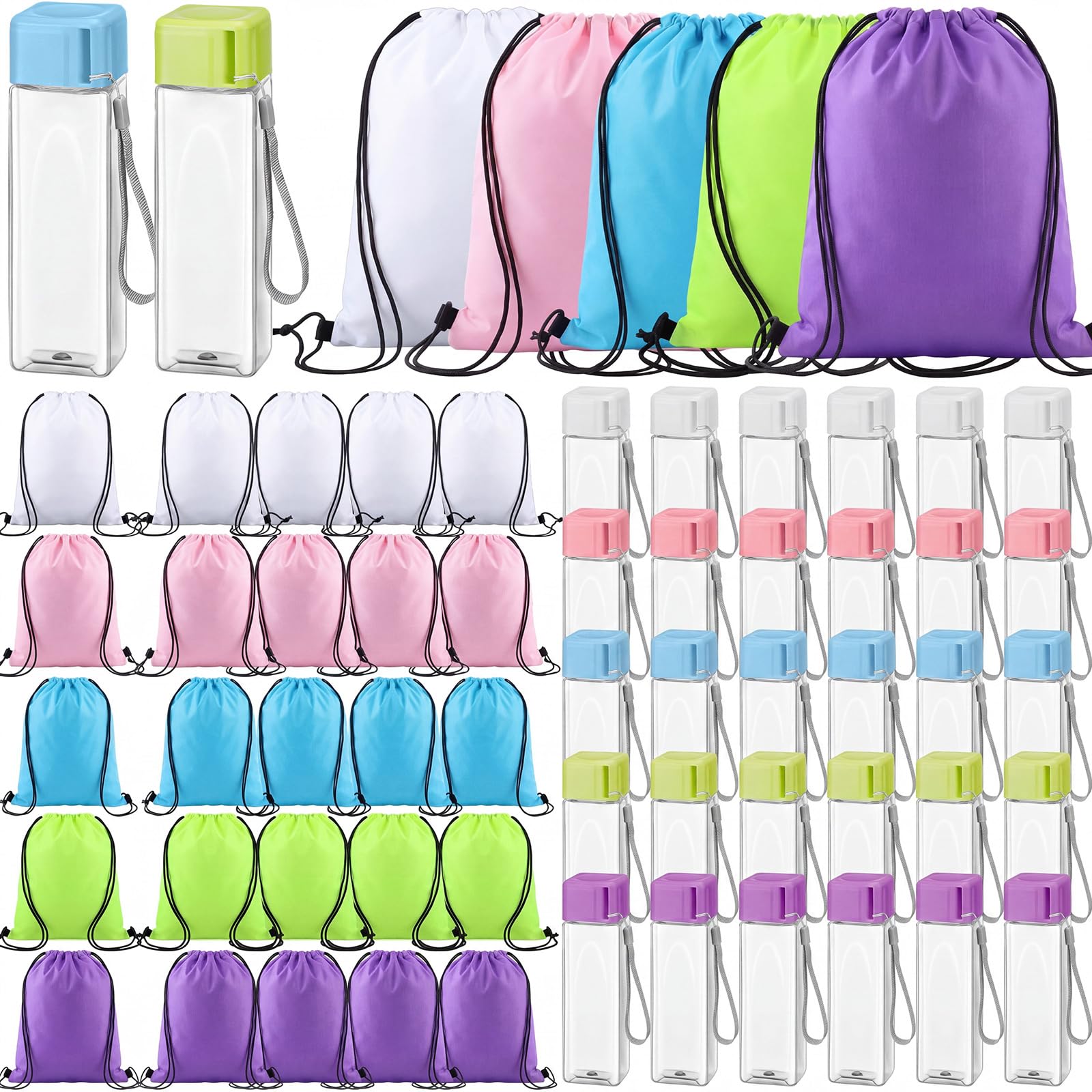 Mifoci 60 Pcs 17oz Plastic Water Bottle Bulk and Drawstring Backpack Gifts Set, Reusable Spill Proof Water Bottles Portable for 