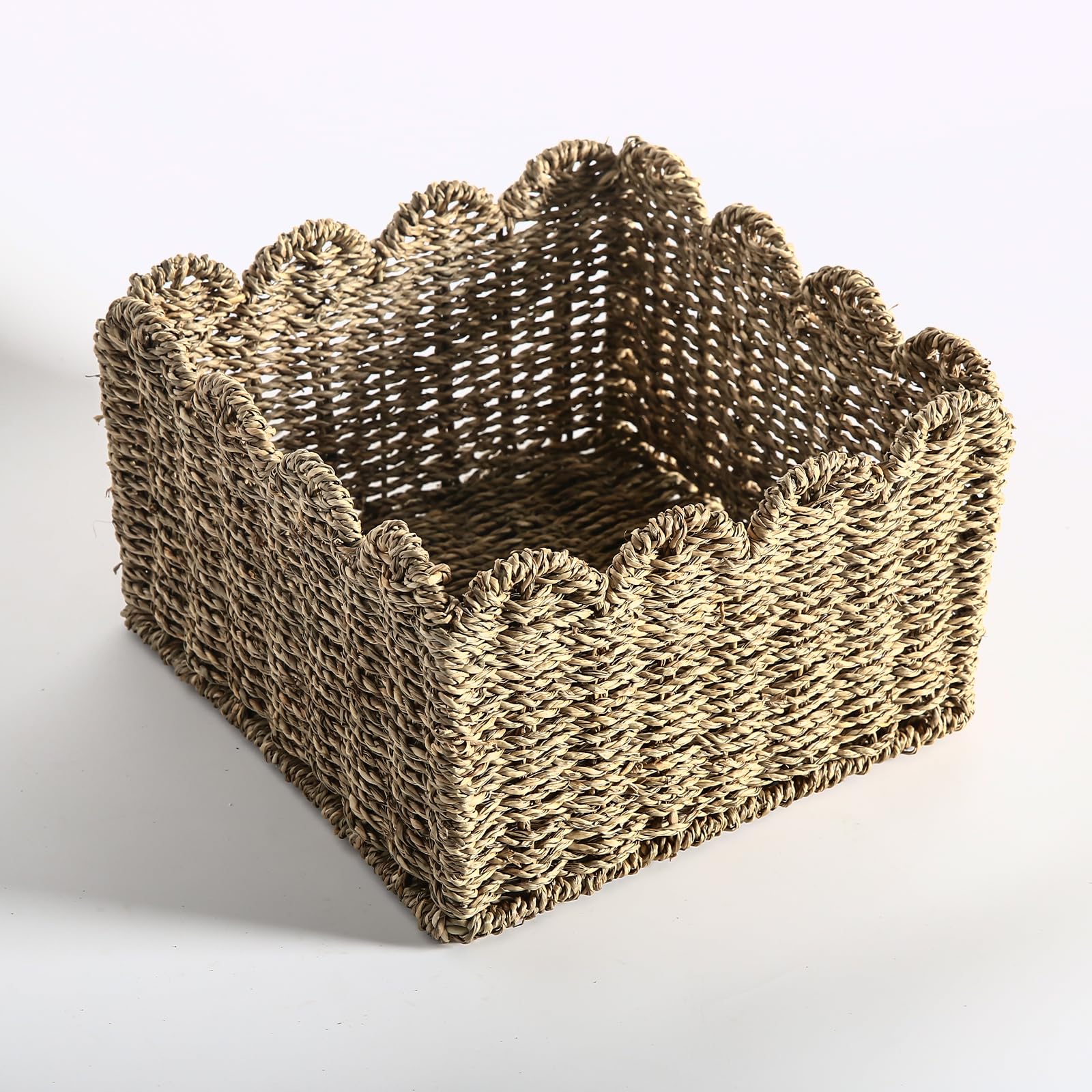 Scalloped Edge Basket, Wicker Storage Baskets, Hand Woven Baskets For Shelves,Natural Baskets For Organizing (Seagrass(S-9.5'' L