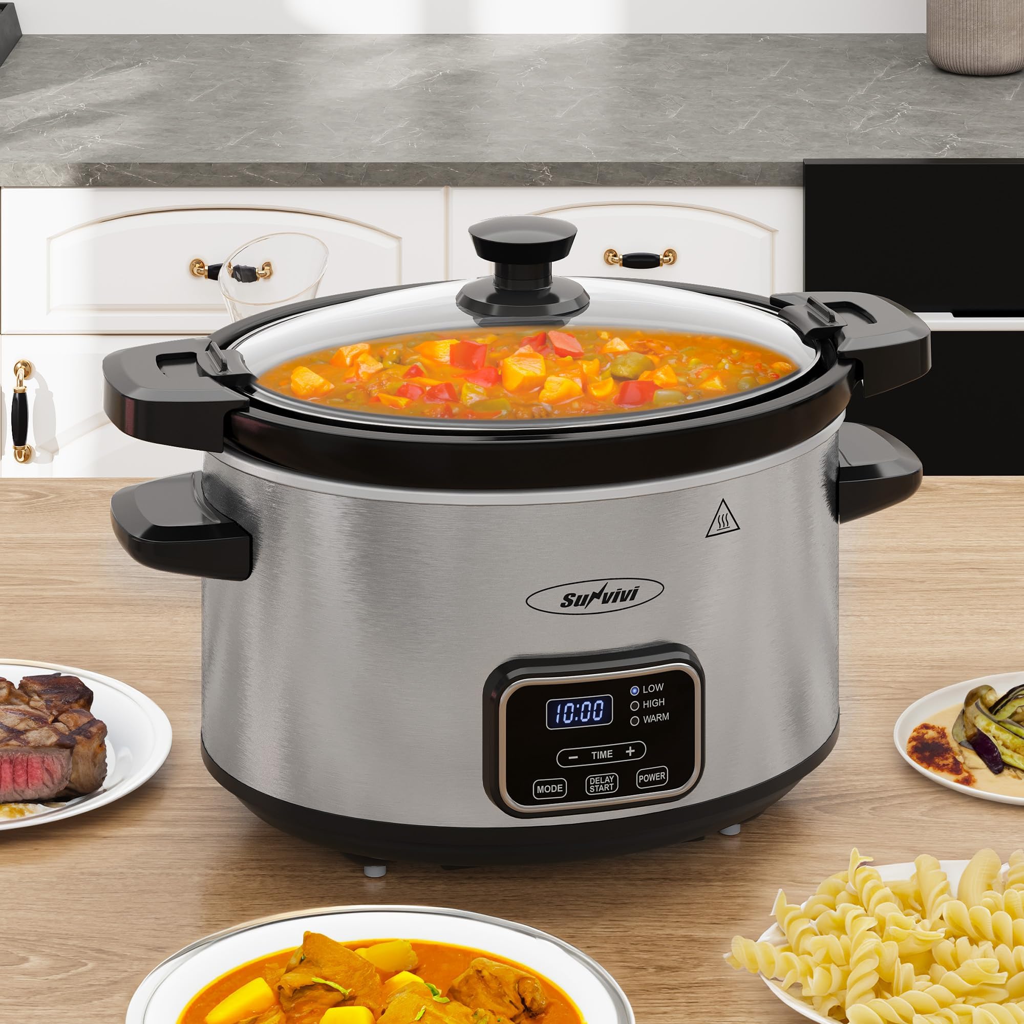 Sunvivi 4qt Slow Cooker, Programmable Slow Cooker with Locking Lid, Removable Ceramic Pot, 3 Heating Settings & Time Control, Mi