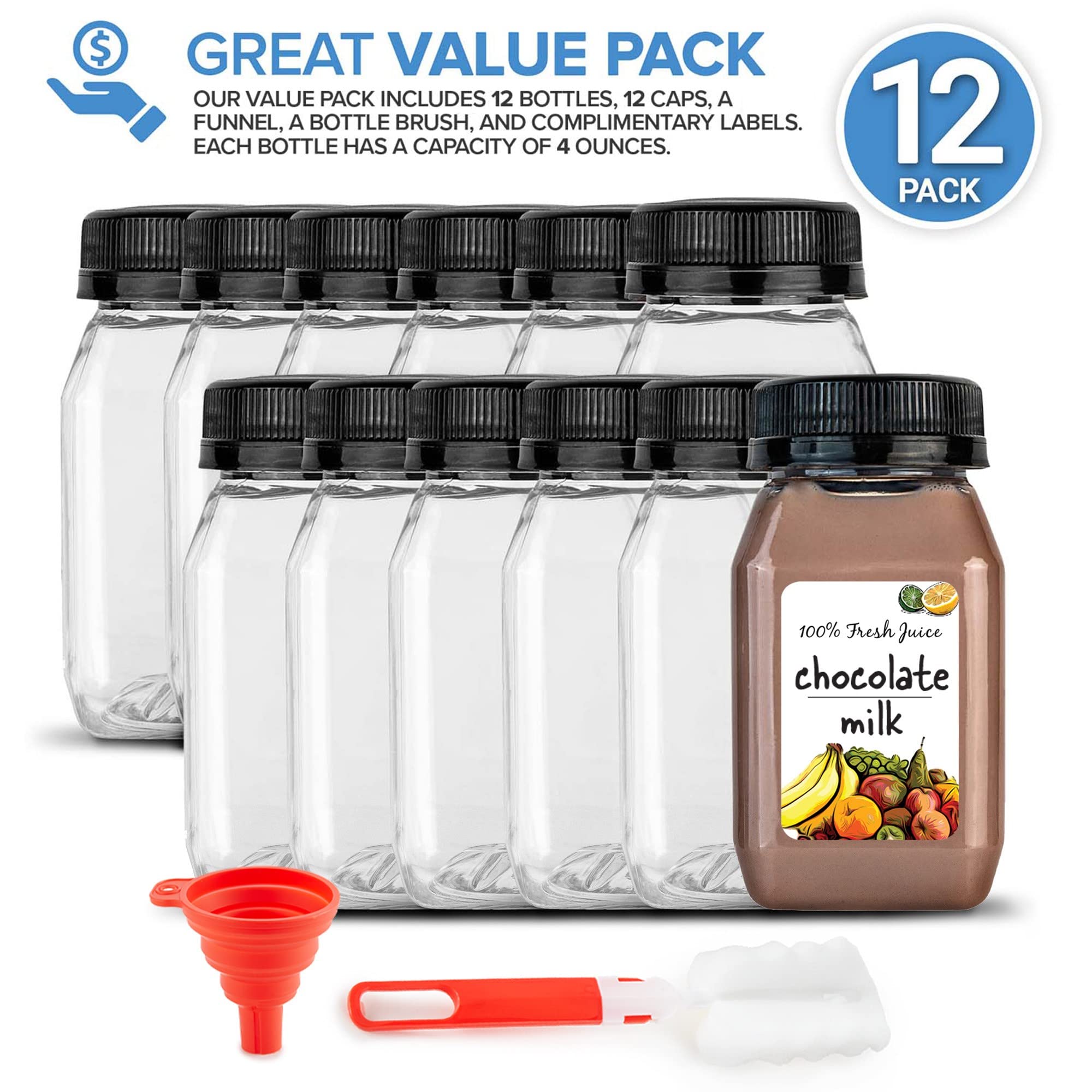 4 Ounce Mini Bottles For Mini Fridge, Reusable Juice Containers With Black Caps For Liquids In Kids Lunch Box, Clear Plastic Wit