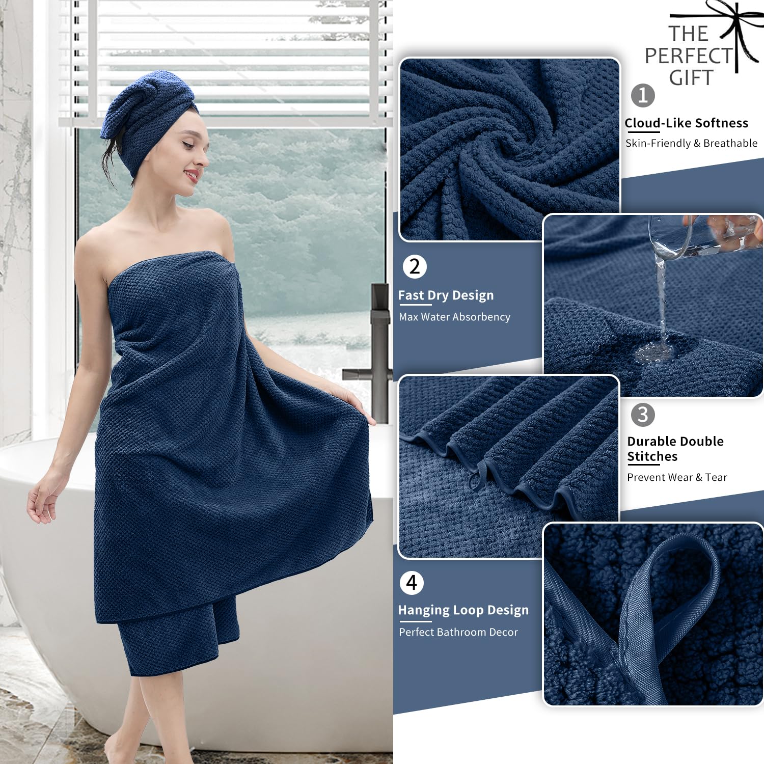 8 Piece Bathroom Towel Set Navy Blue |2 Oversized Large Bath Towels Sheet,2 Hand Towels And 4 Washcloths| 600Gsm Ultra Soft Luxu