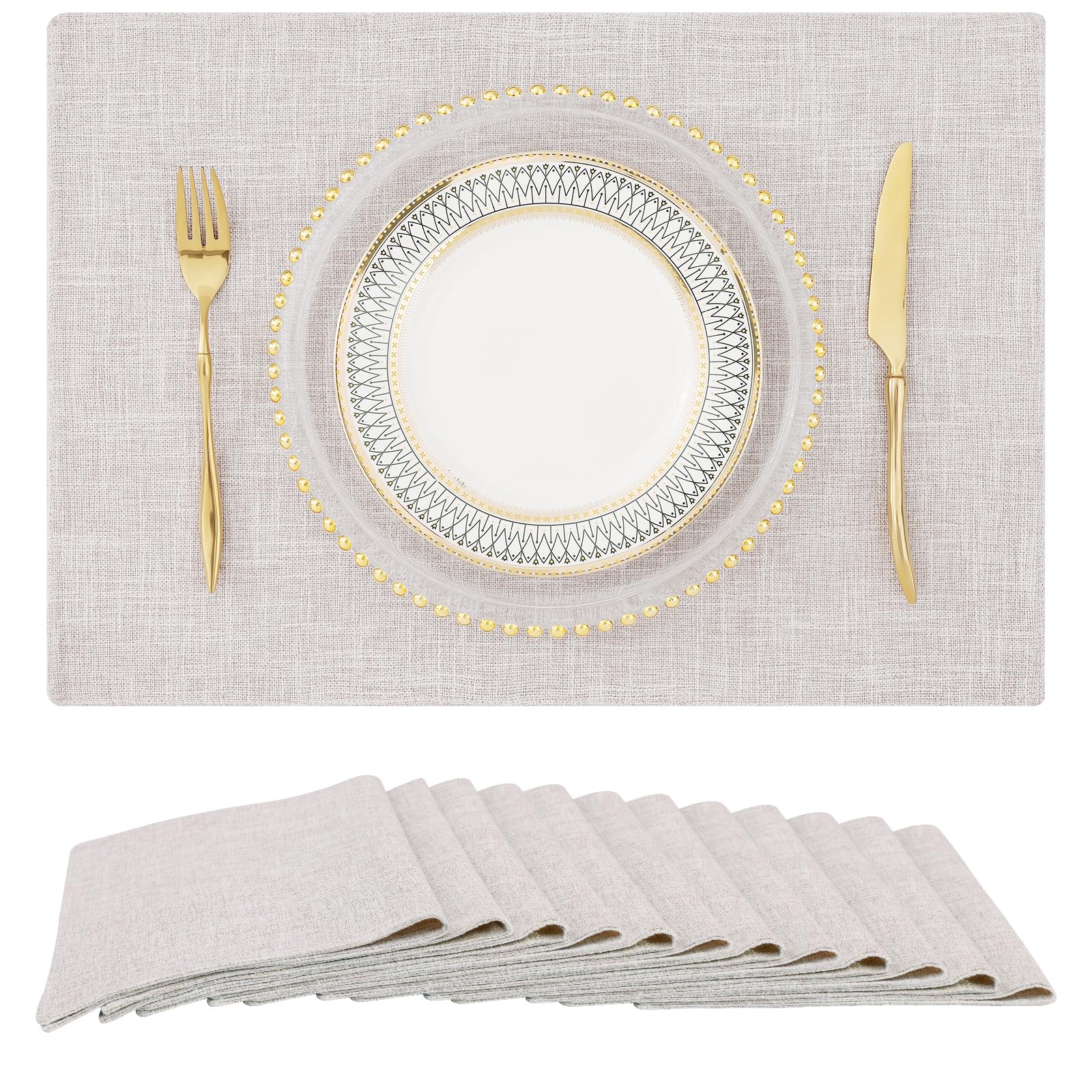 Homing Neutral Beige Cloth Placemats Set Of 12 - Cotton Linen Blend Washable Farmhouse Dining Table Mats For Indoors & Outdoors,