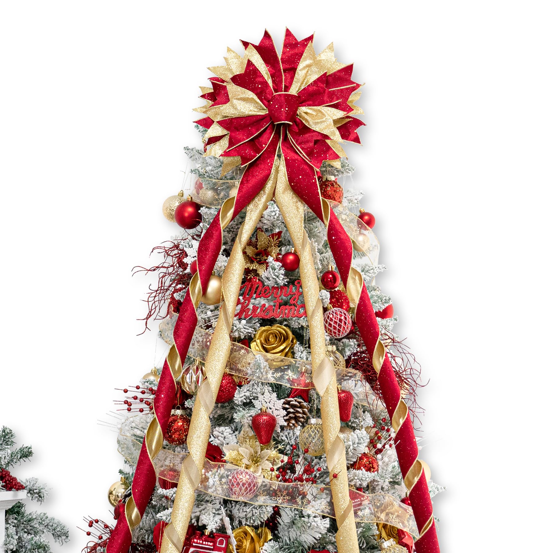 Hismir Christmas Tree Topper Bow, 53x13 Inches Large Christmas Bow with Glitter Streamer, Decorative Ribbon Bows for Xmas Tree W